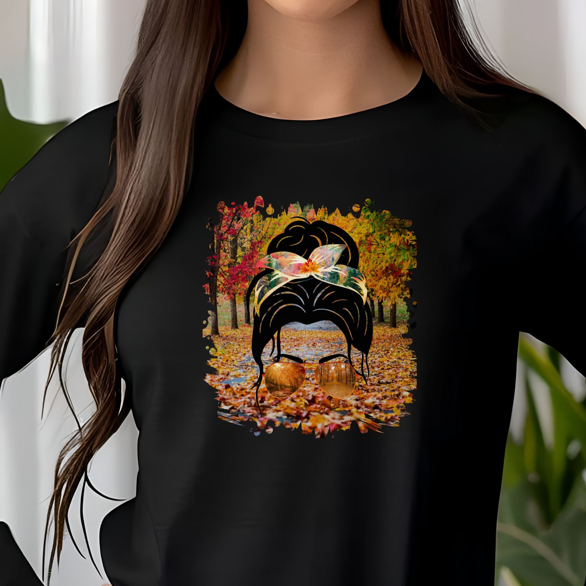 Fall Trail, Dark Hair Messy Bun, Unisex Jersey Long Sleeve Tee