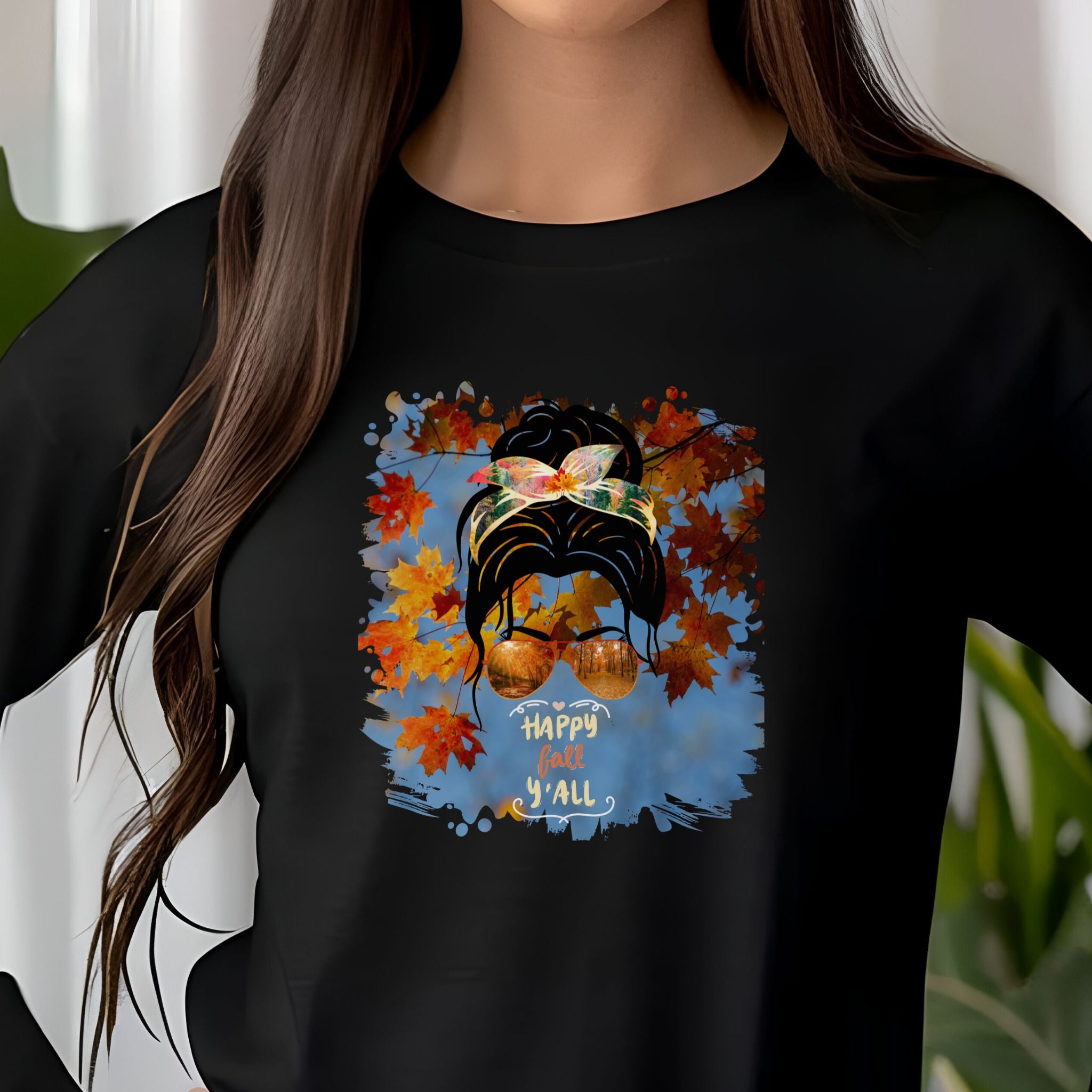 Happy Fall Y'all Fall Sky, Dark Hair Messy Bun, Unisex Jersey Long Sleeve Tee