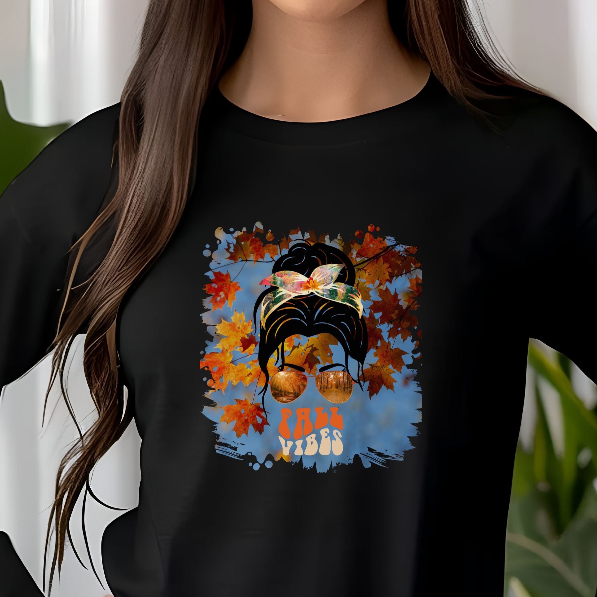 Fall Vibes Fall Sky, Dark Hair Messy Bun, Unisex Jersey Long Sleeve Tee