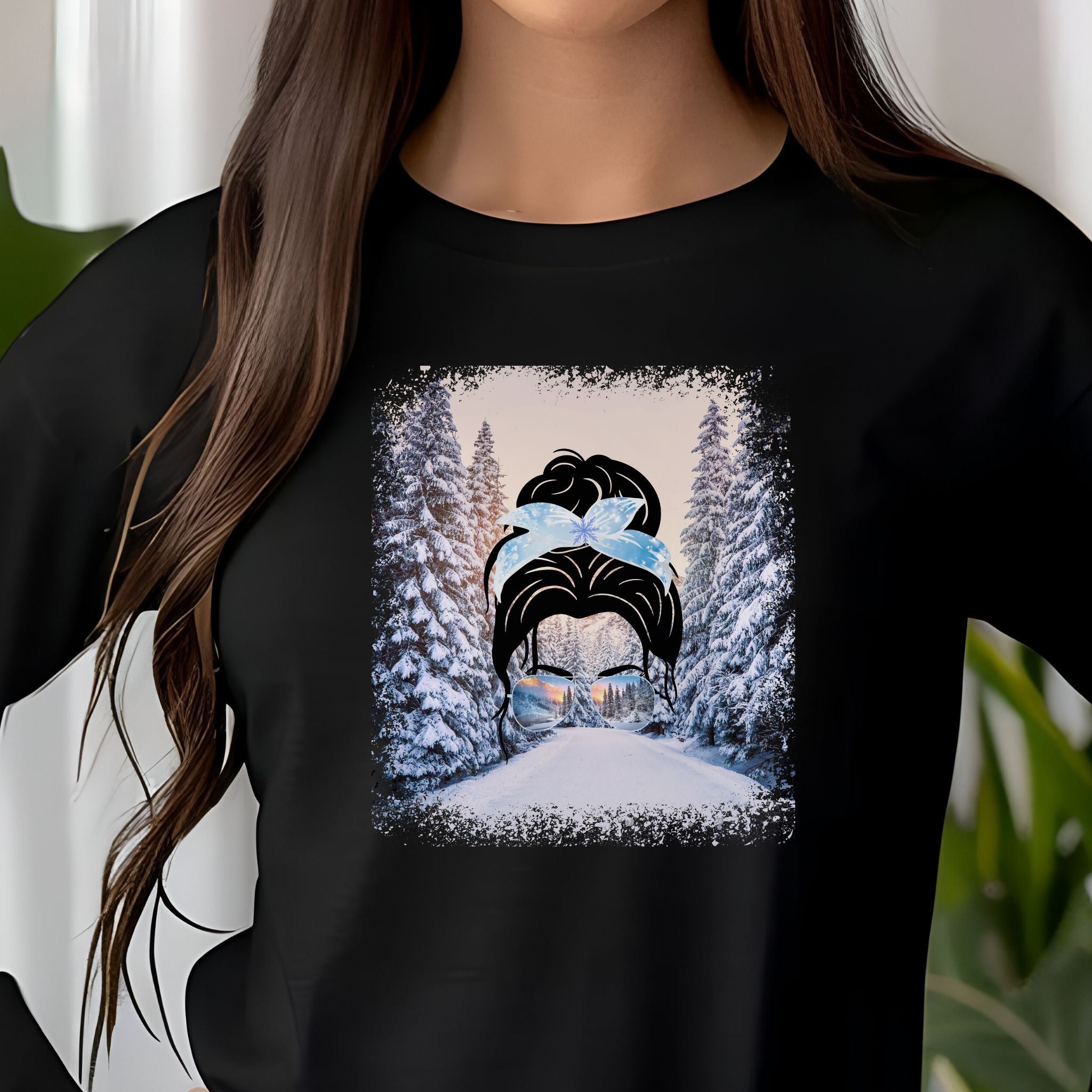 Winter Trail, Dark Hair Messy Bun, Unisex Jersey Long Sleeve Tee