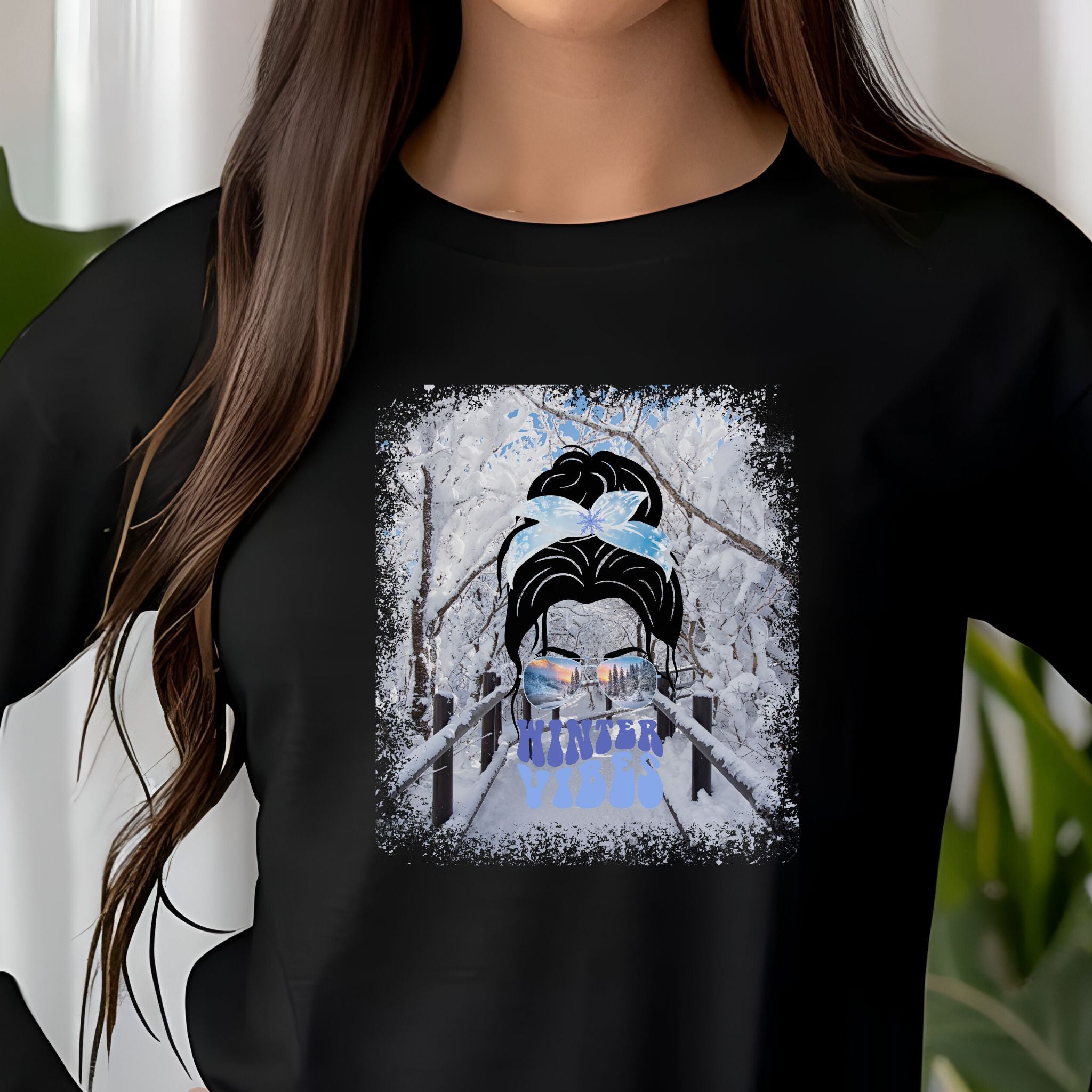 Winter Vibes Winter Hike, Dark Hair Messy Bun, Unisex Jersey Long Sleeve Tee