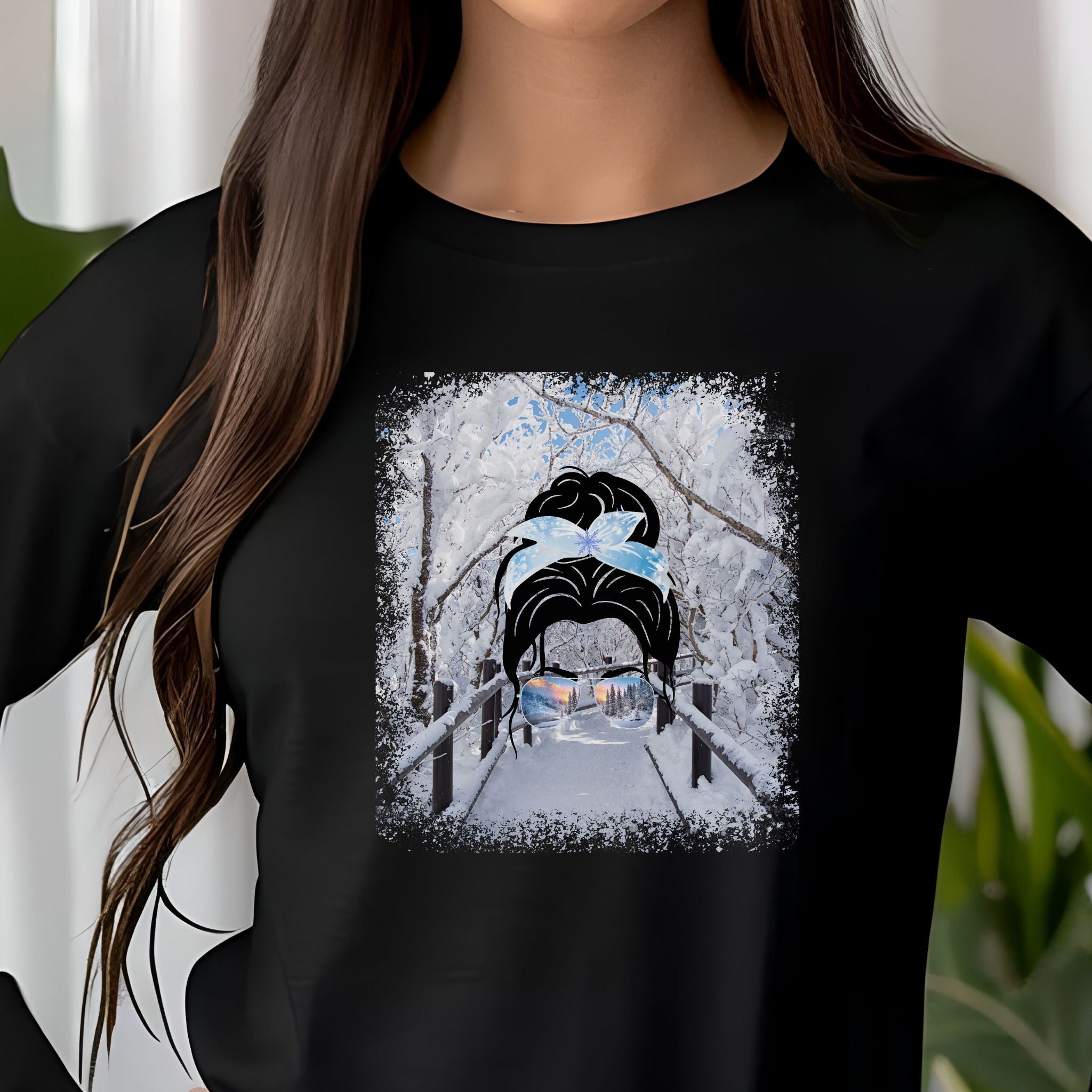 Winter Hike, Dark Hair Messy Bun, Unisex Jersey Long Sleeve Tee