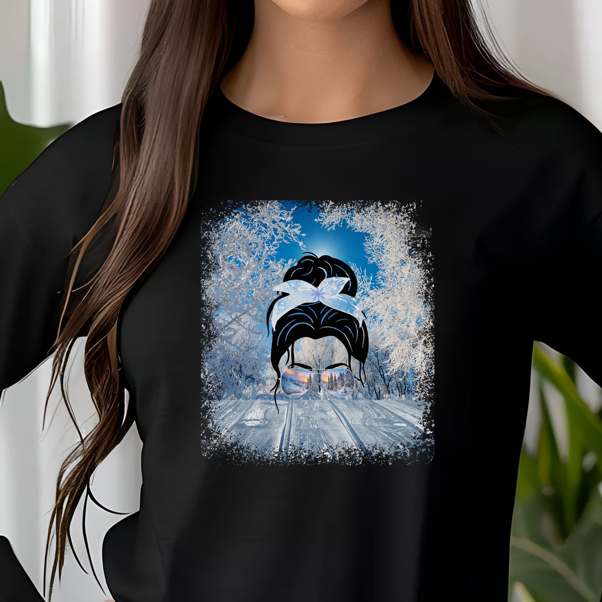 Winter Sunny Porch, Dark Hair Messy Bun, Unisex Jersey Long Sleeve Tee