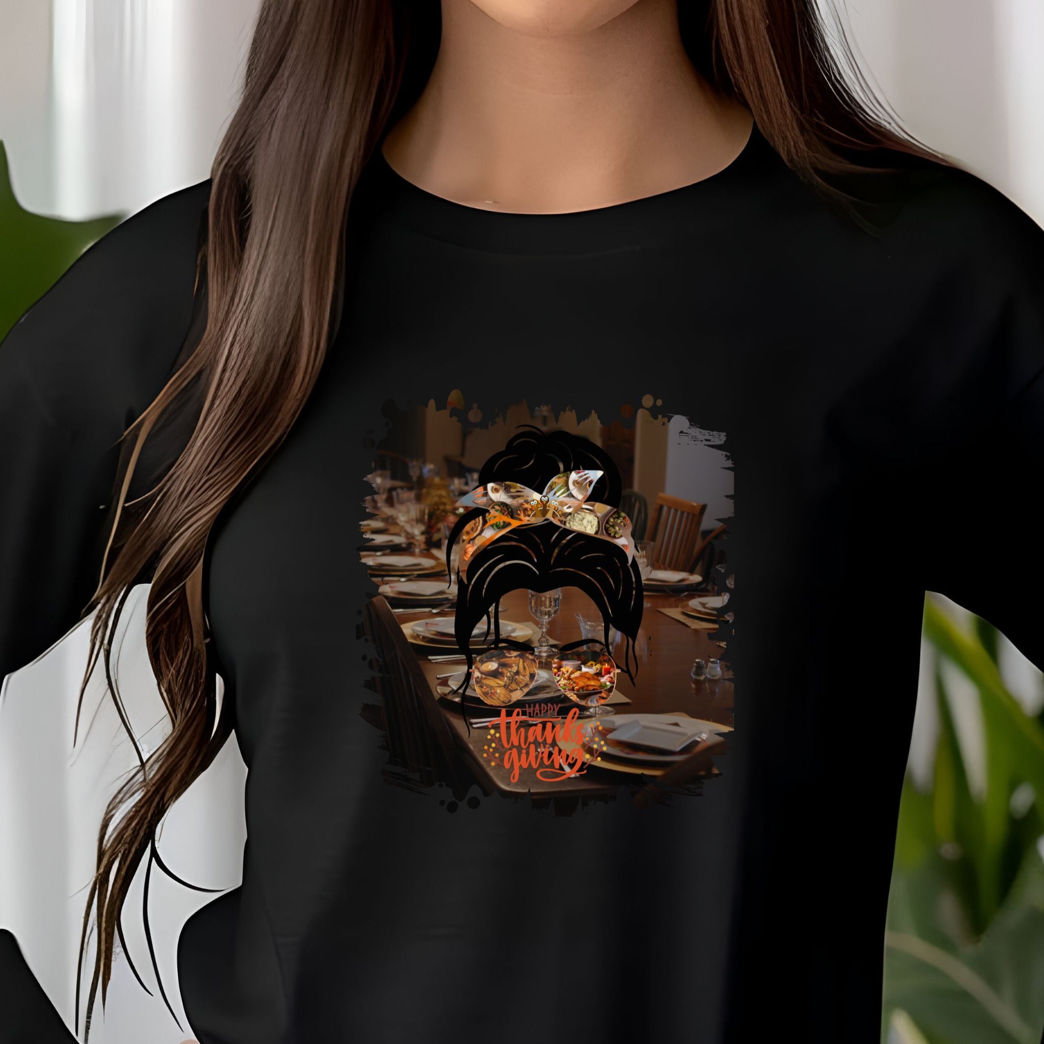 Happy Thanksgiving Table Setting, Dark Hair Messy Bun, Unisex Jersey Long Sleeve Tee