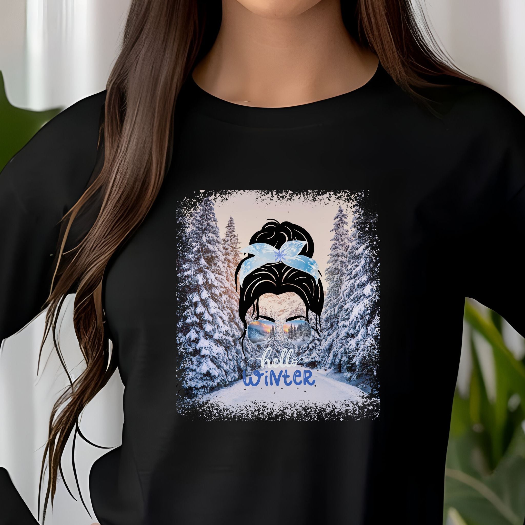 Hello Winter, Winter Trail, Dark Hair Messy Bun, Unisex Jersey Long Sleeve Tee