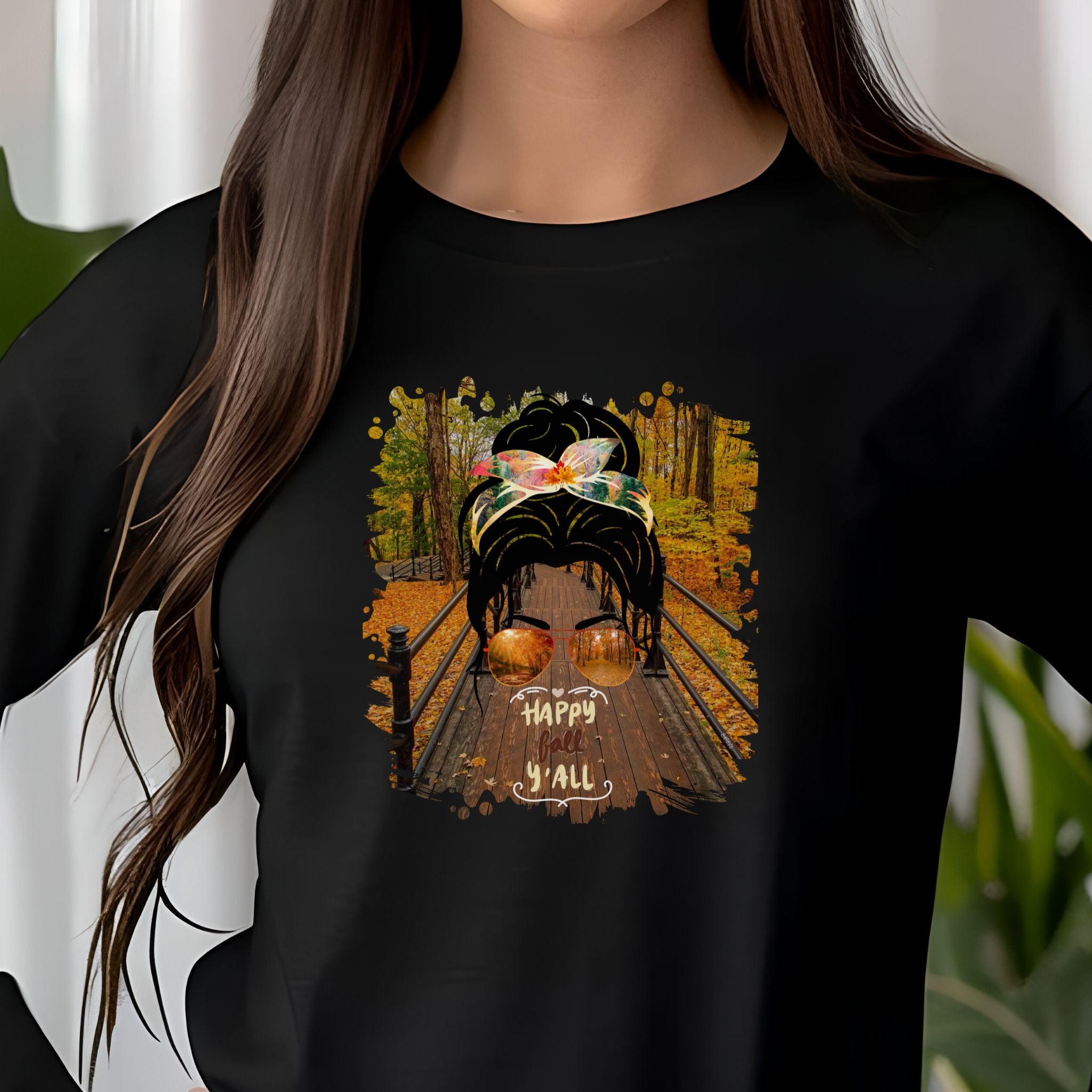 Happy Fall Y'all Fall Hike, Dark Hair Messy Bun, Unisex Jersey Long Sleeve Tee