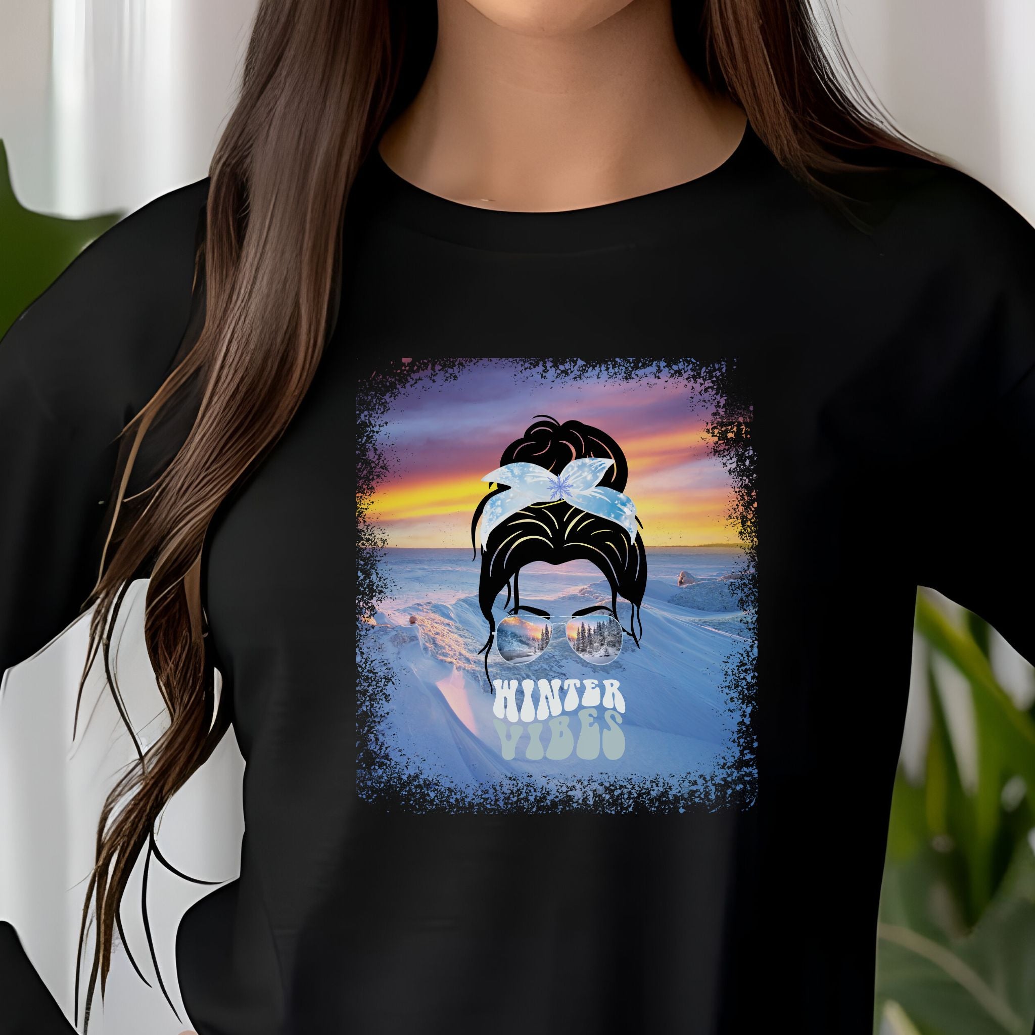 Winter Vibes Winter Mountain, Dark Hair Messy Bun, Unisex Jersey Long Sleeve Tee