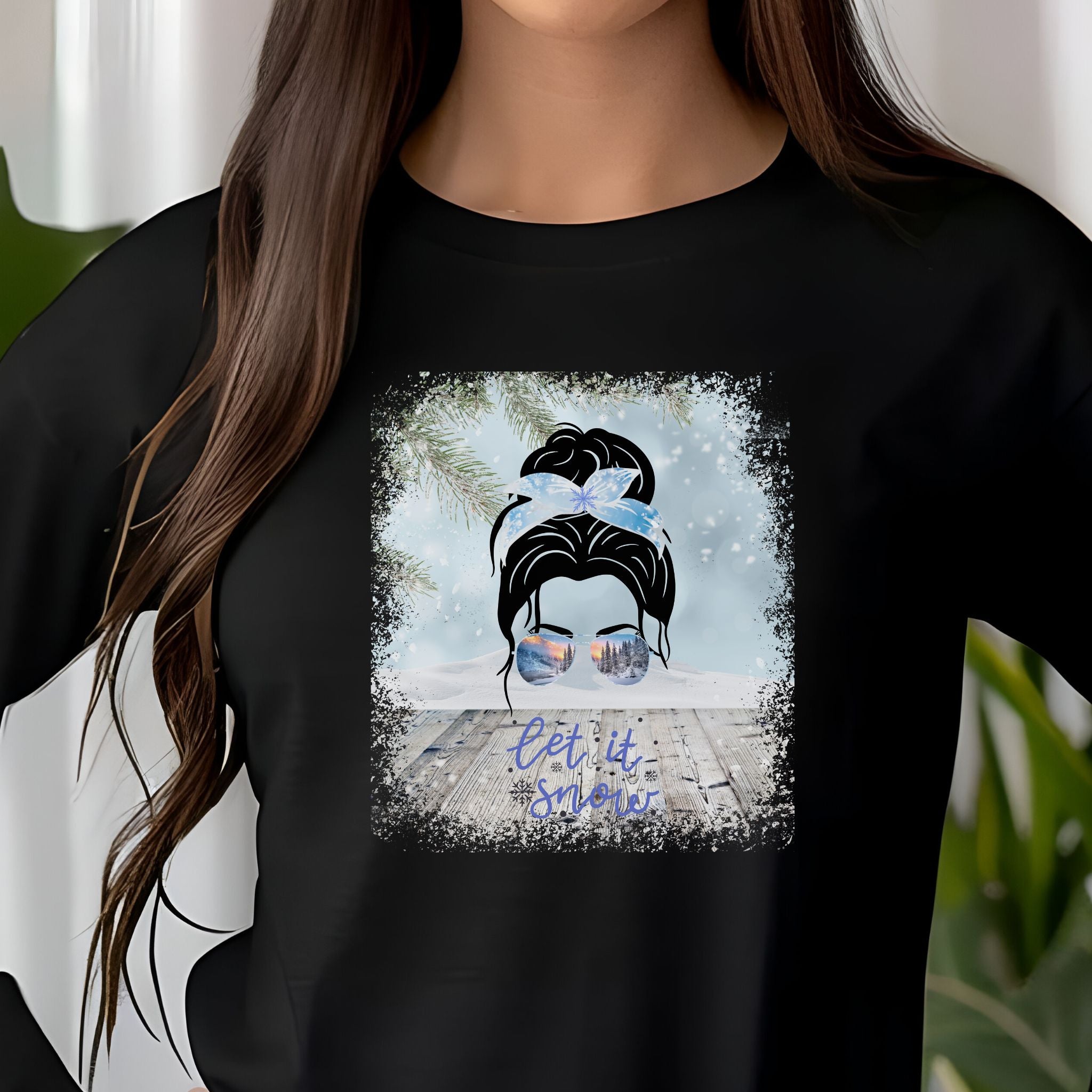 Let it Snow Winter Snowy Porch, Dark Hair Messy Bun, Unisex Jersey Long Sleeve Tee