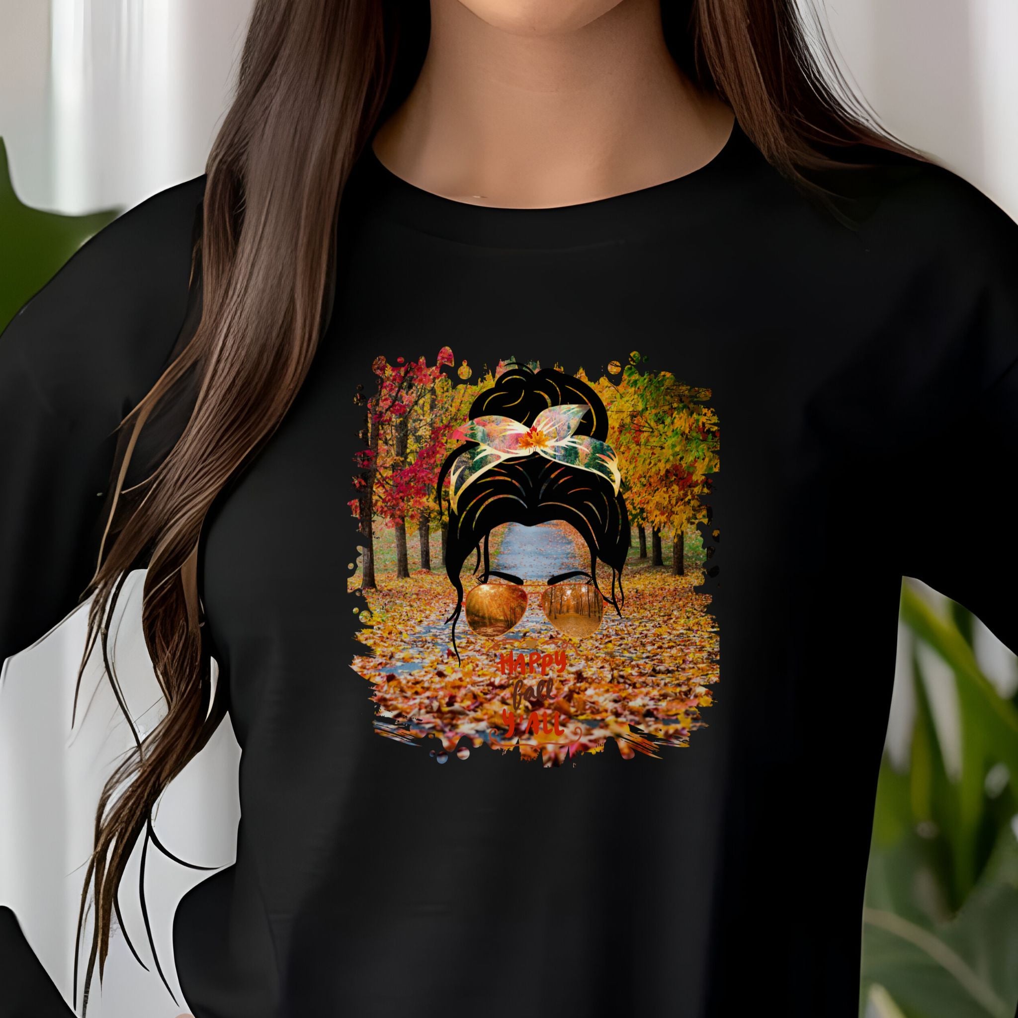 Happy Fall Y'all Fall Trail, Dark Hair Messy Bun, Unisex Jersey Long Sleeve Tee