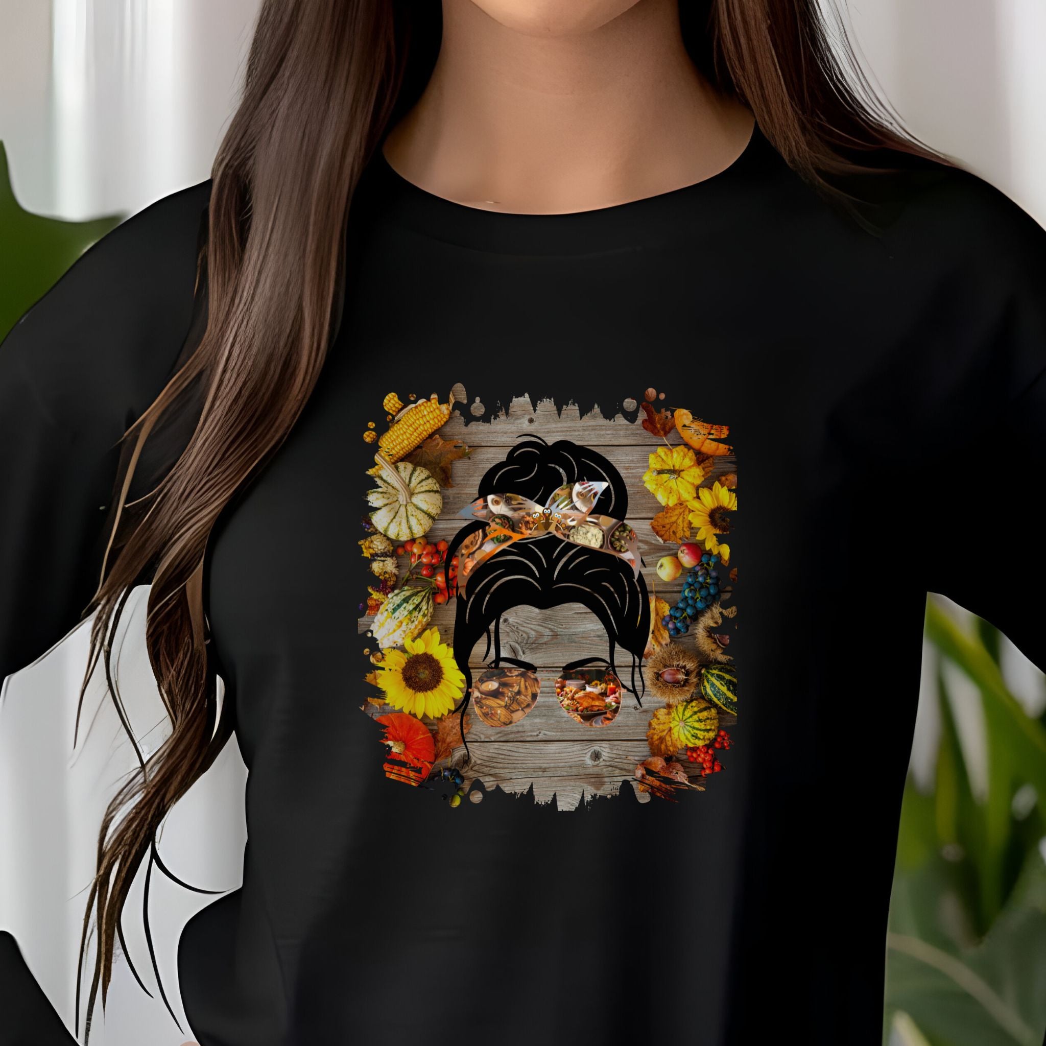 Decorated Background, Dark Hair Messy Bun, Unisex Jersey Long Sleeve Tee