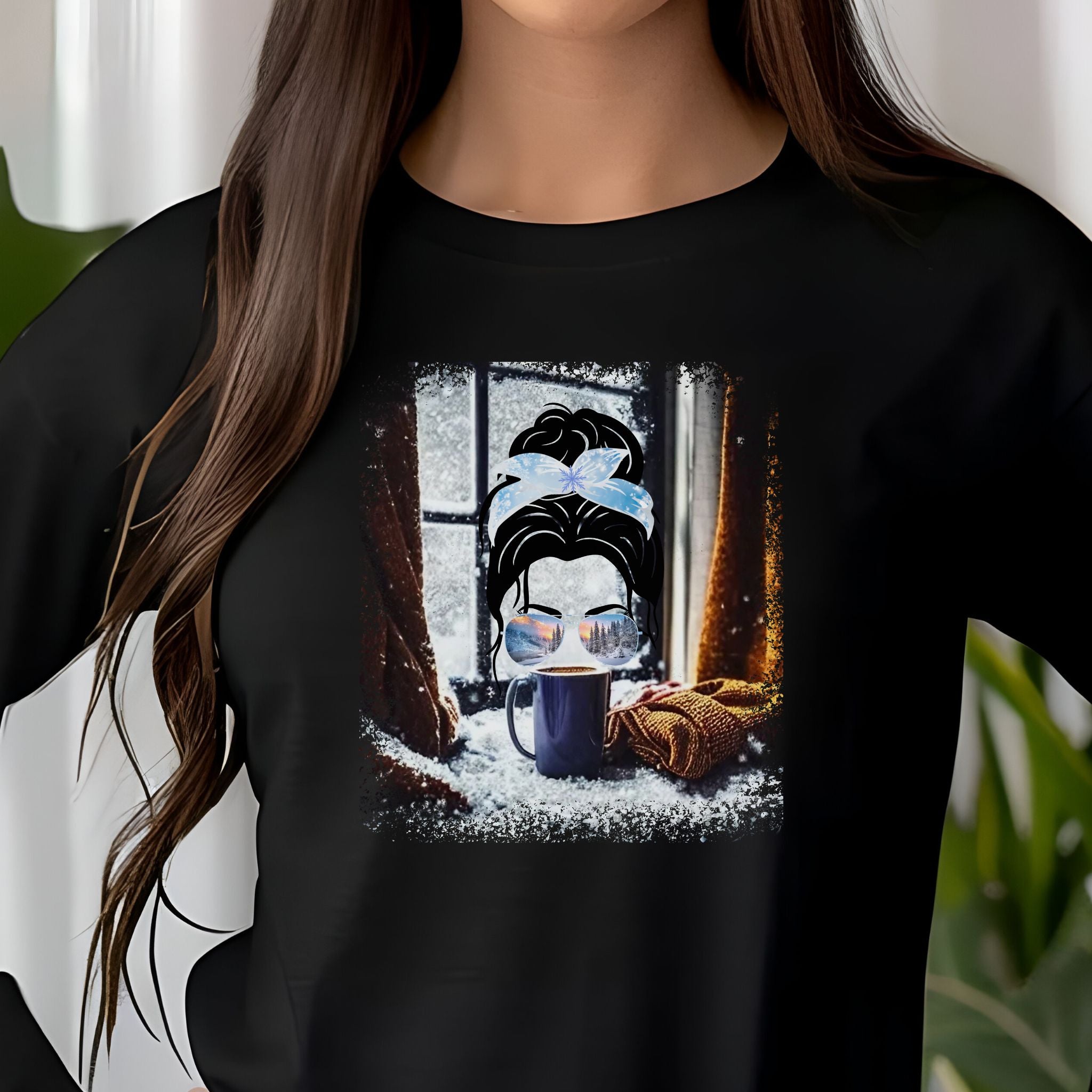 Winter Home, Dark Hair Messy Bun, Unisex Jersey Long Sleeve Tee