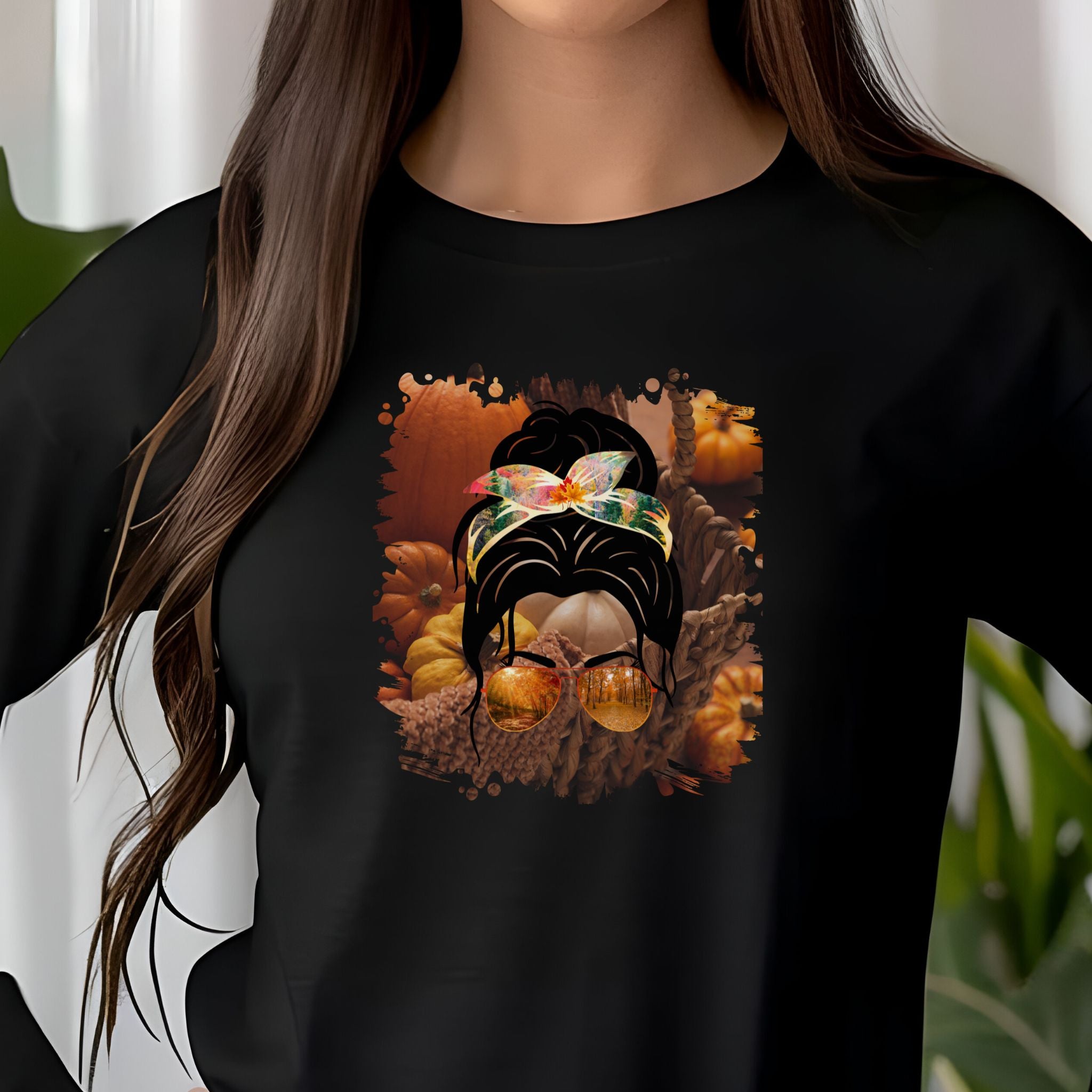 Fall Pumpkins, Dark Hair Messy Bun, Unisex Jersey Long Sleeve Tee