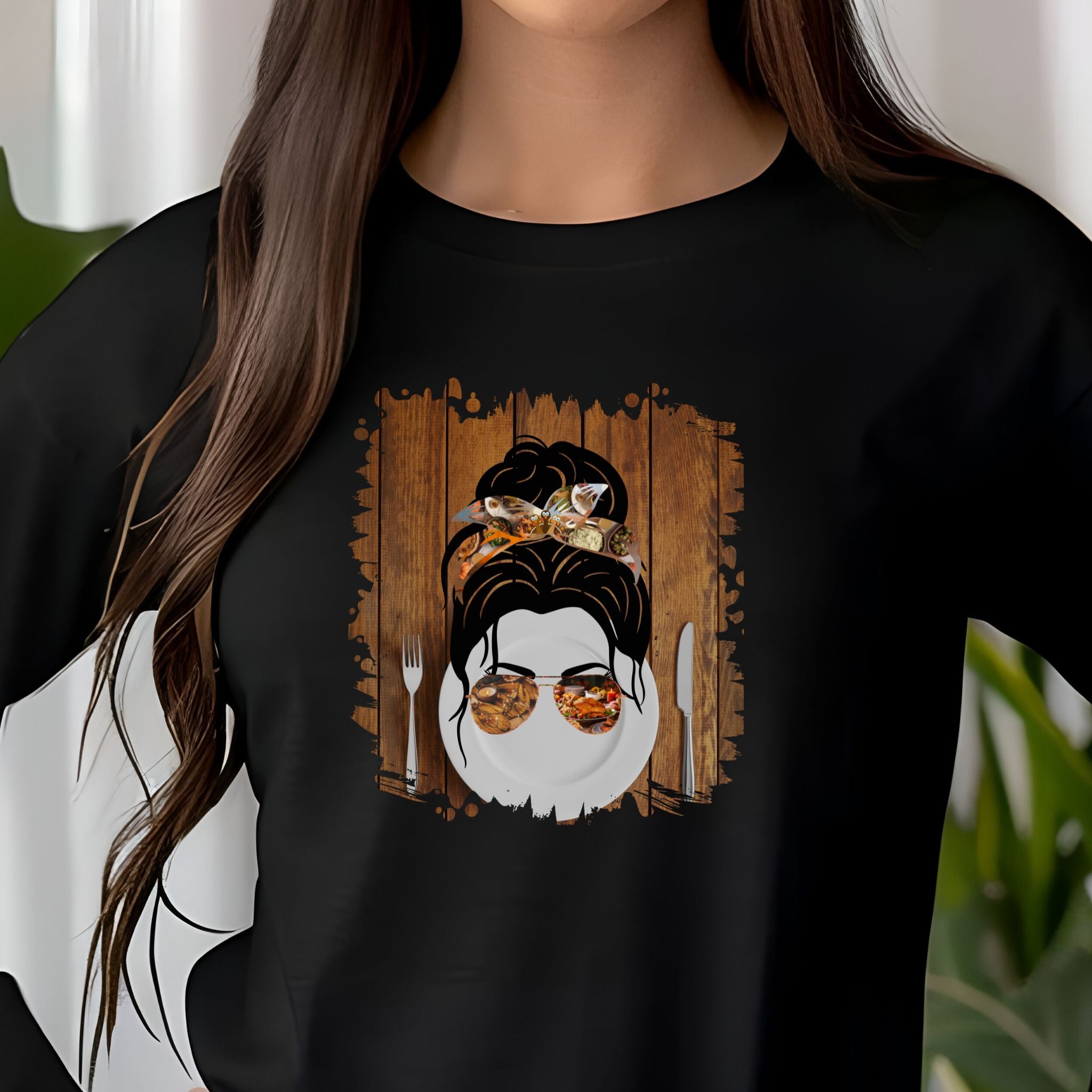 Plate Setting, Dark Hair Messy Bun, Unisex Jersey Long Sleeve Tee