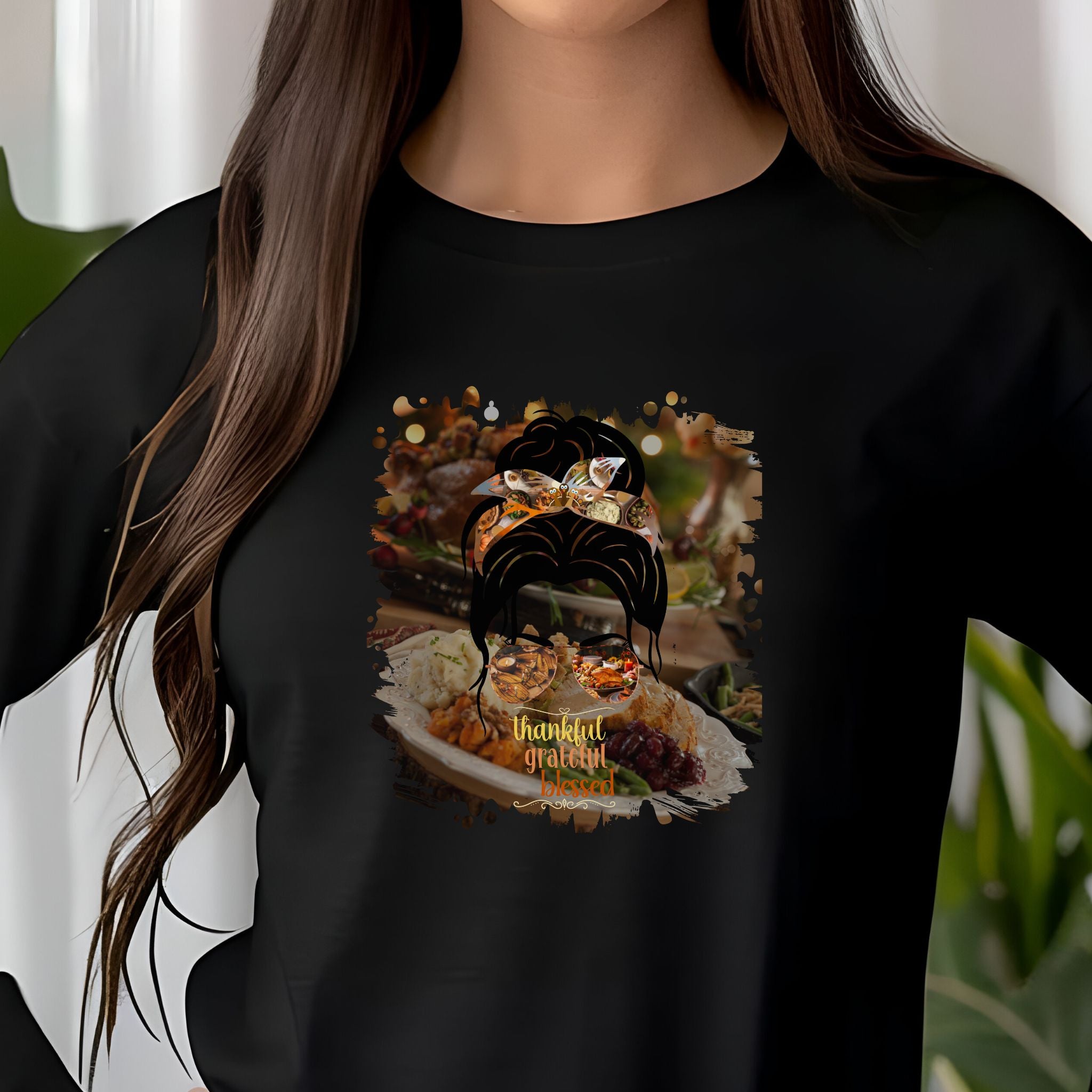 Thankful Grateful Blessed Thanksgiving Dinner, Dark Hair Messy Bun, Unisex Jersey Long Sleeve Tee