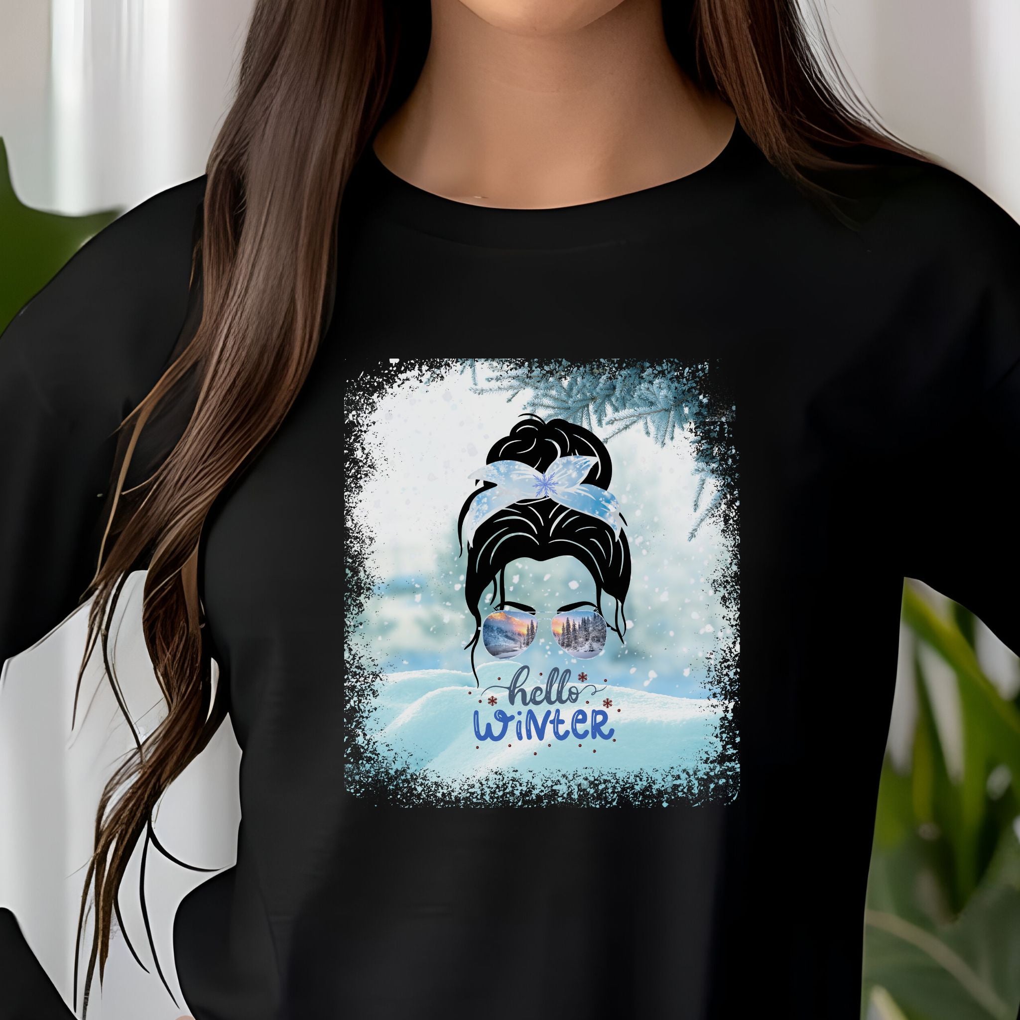 Hello Winter Snow, Dark Hair Messy Bun, Unisex Jersey Long Sleeve Tee