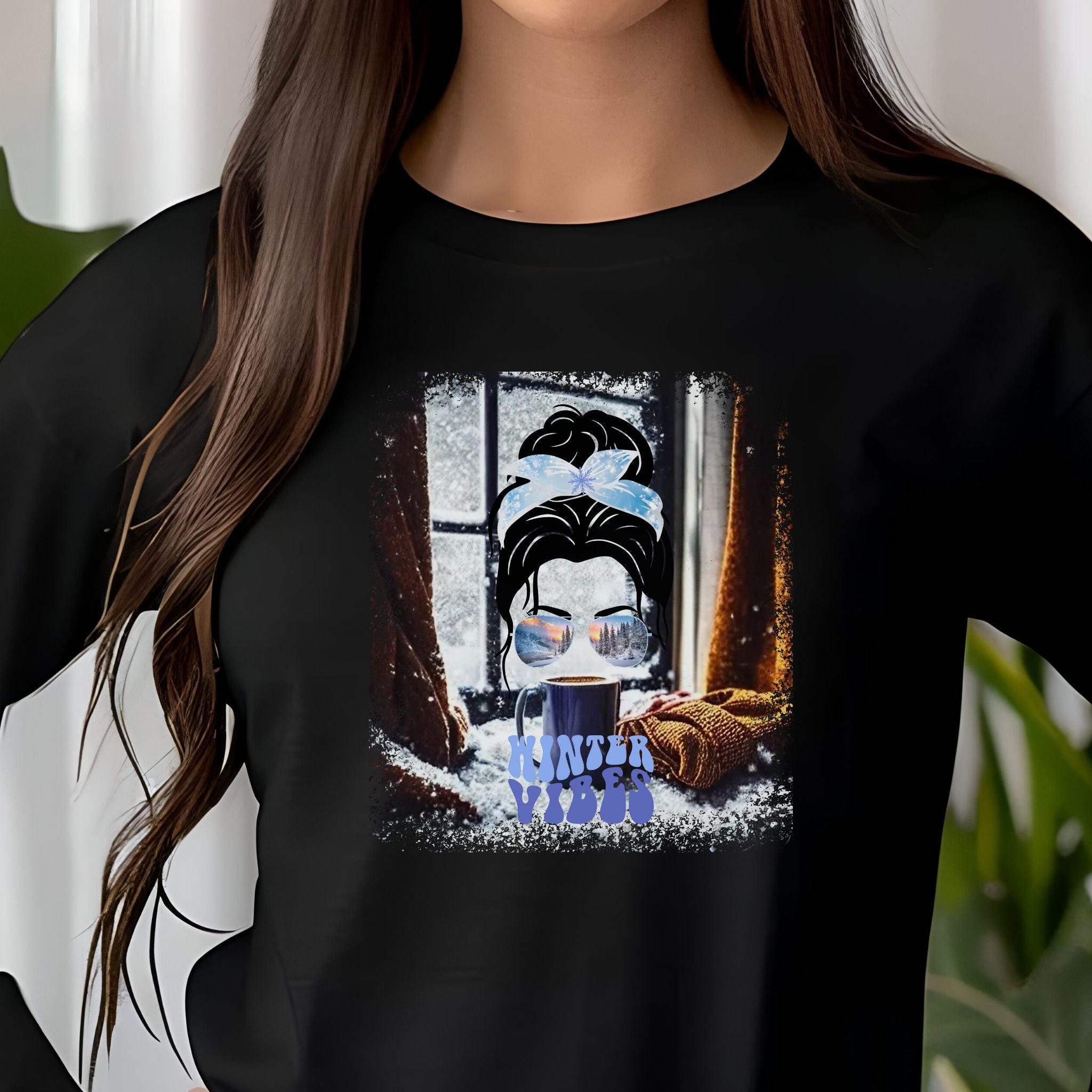 Winter Vibes Winter Home, Dark Hair Messy Bun, Unisex Jersey Long Sleeve Tee