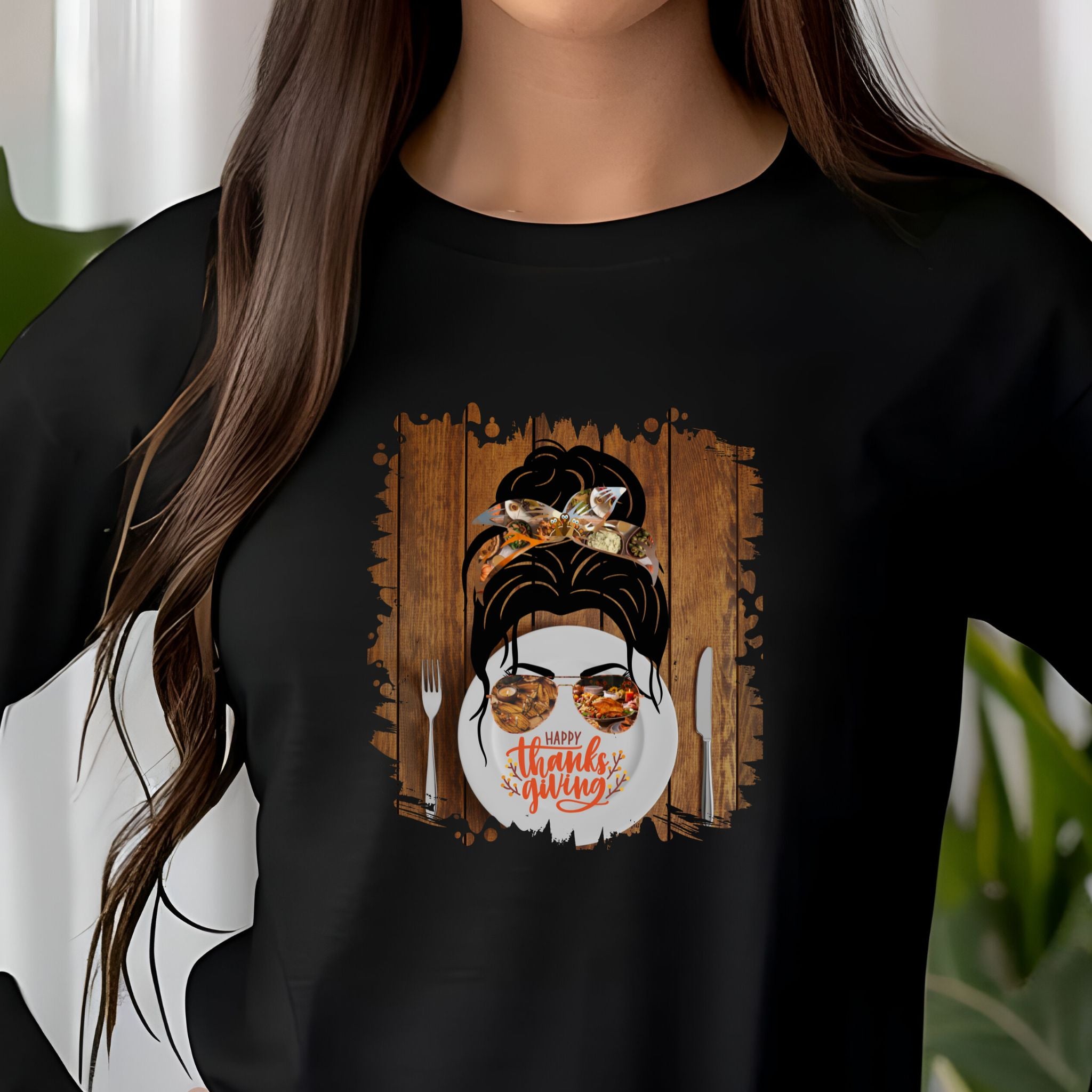 Happy Thanksgiving Plate Setting, Dark Hair Messy Bun, Unisex Jersey Long Sleeve Tee