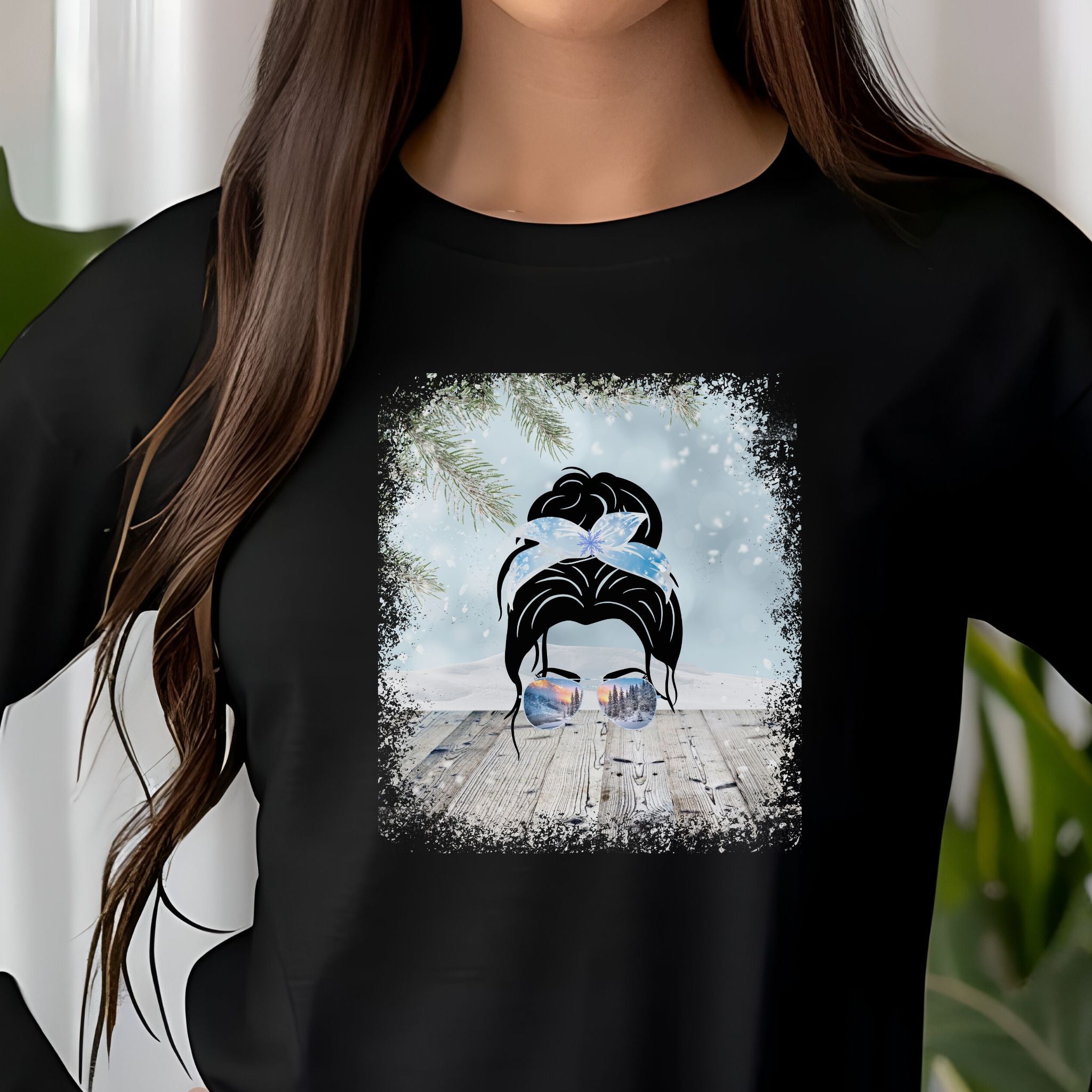 Winter Snowy Porch, Dark Hair Messy Bun, Unisex Jersey Long Sleeve Tee