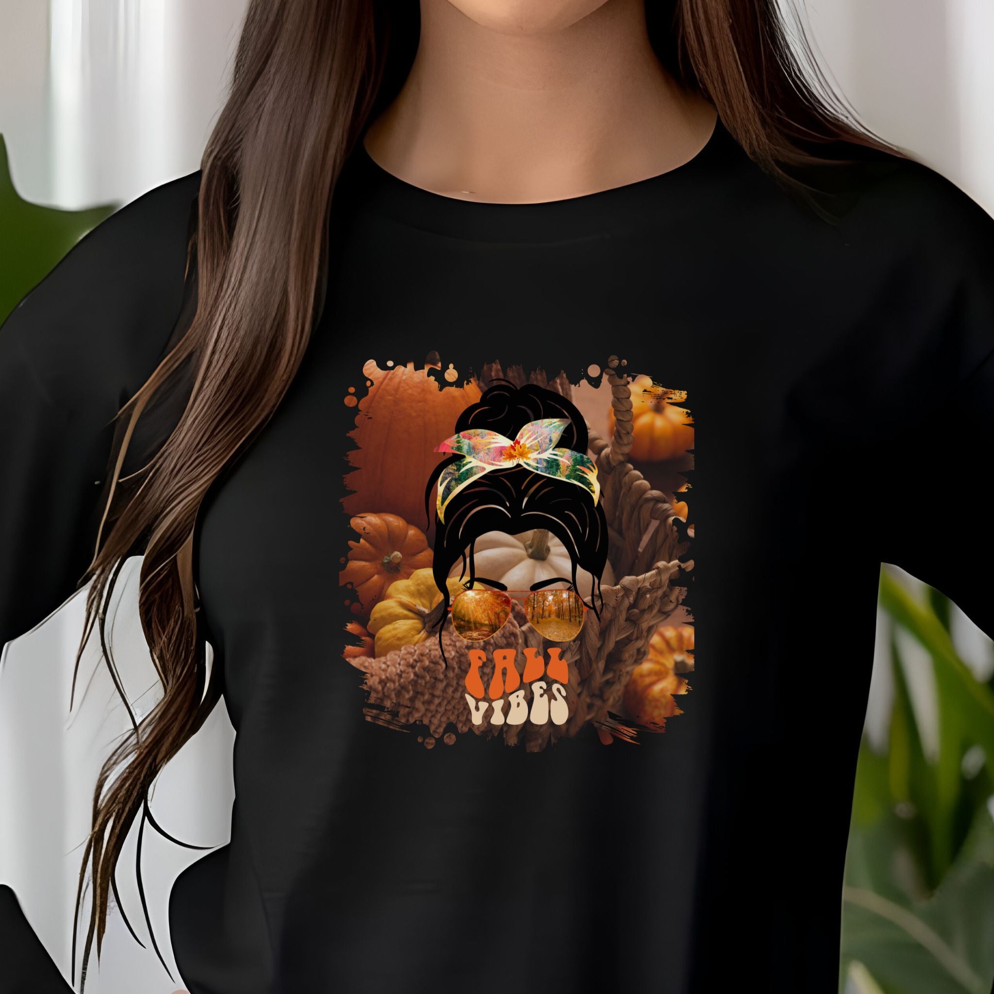 Fall Vibes Fall Pumpkins, Dark Hair Messy Bun, Unisex Jersey Long Sleeve Tee