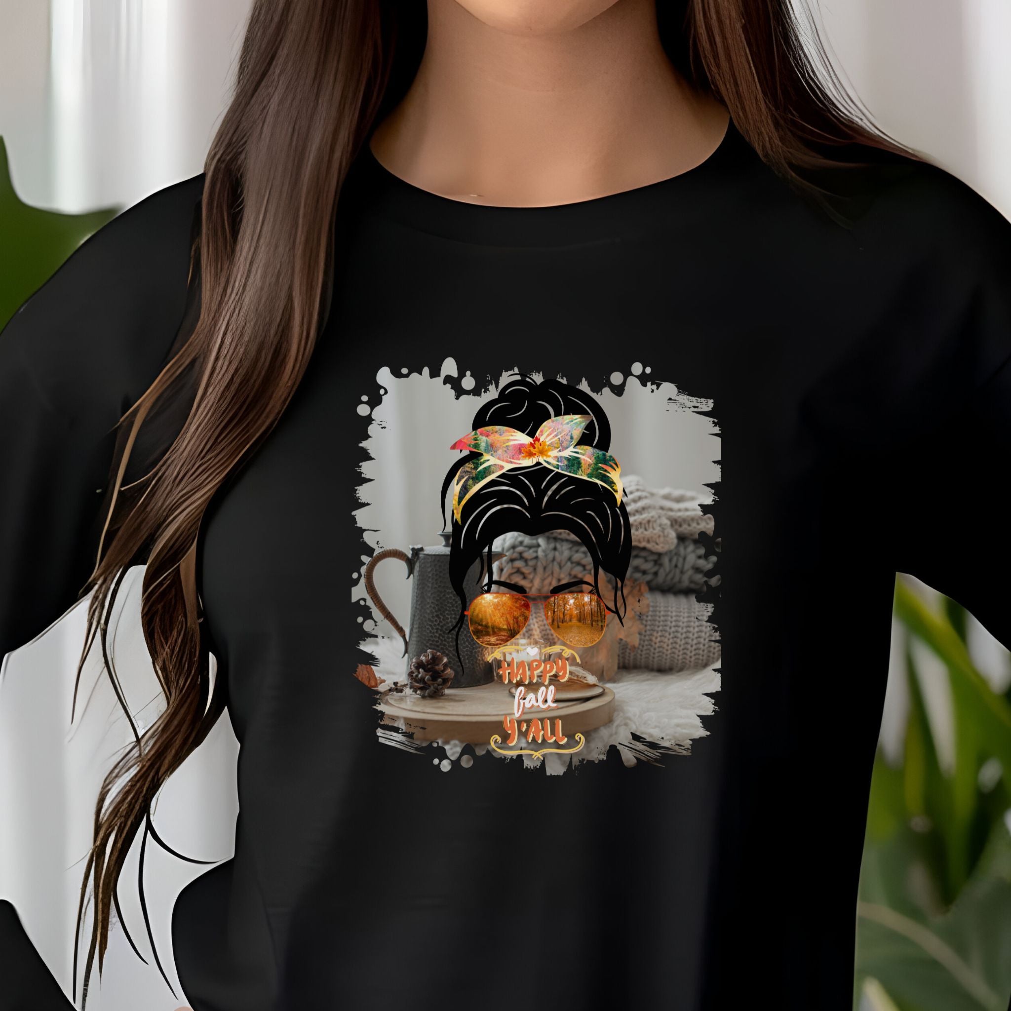 Happy Fall Y'all Fall Sweater, Dark Hair Messy Bun, Unisex Jersey Long Sleeve Tee