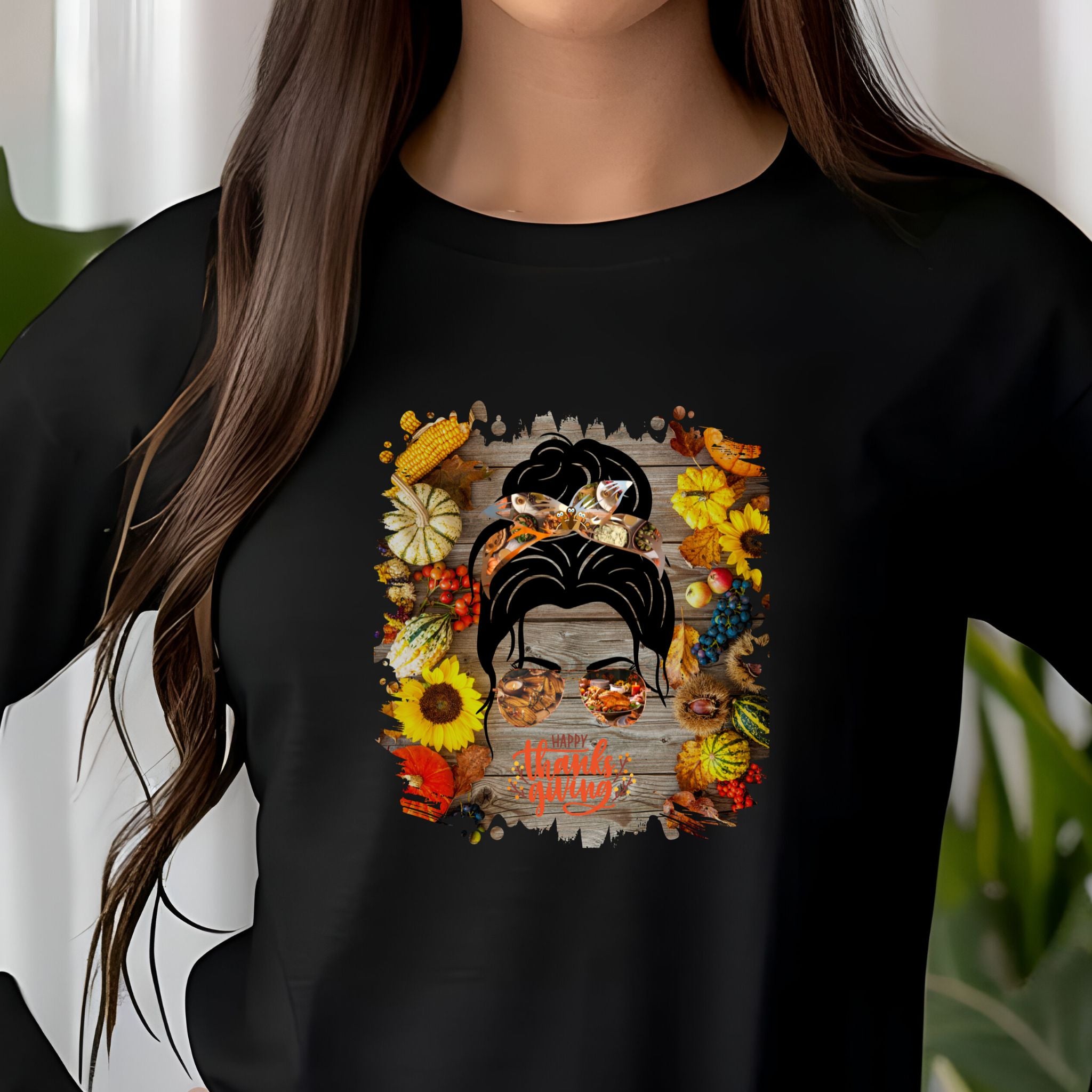 Happy Thanksgiving Decorated Background, Dark Hair Messy Bun, Unisex Jersey Long Sleeve Tee