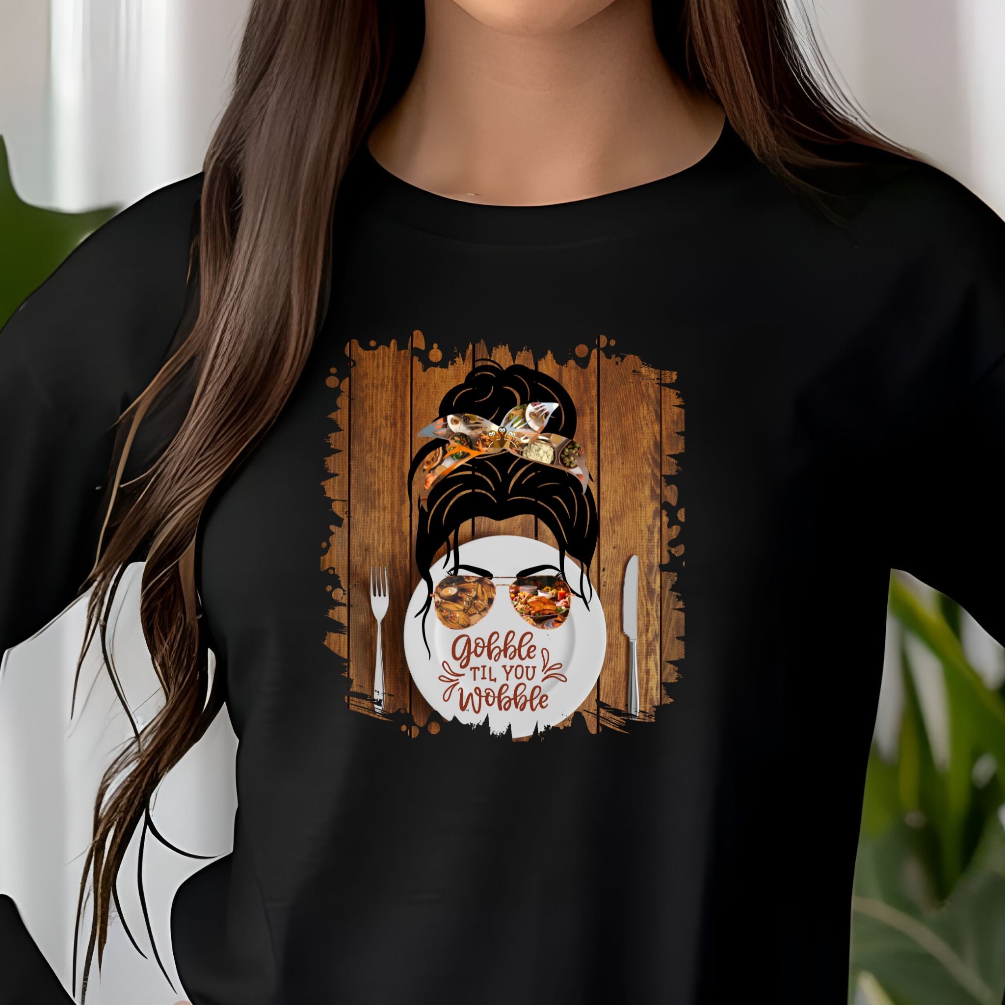 Gobble til You Wobble Plate Setting, Dark Hair Messy Bun, Unisex Jersey Long Sleeve Tee