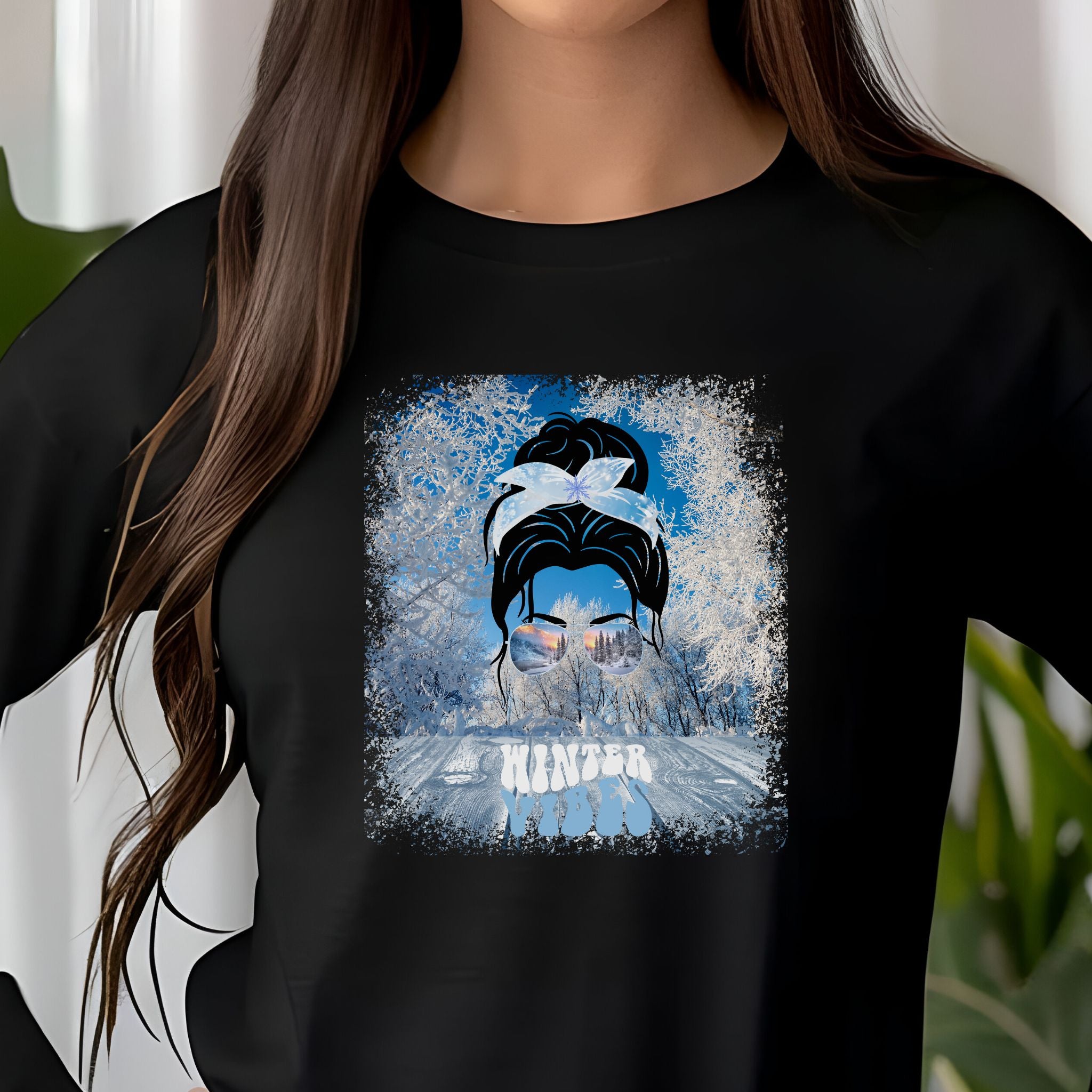 Winter Vibes Winter Sunny Porch, Dark Hair Messy Bun, Unisex Jersey Long Sleeve Tee