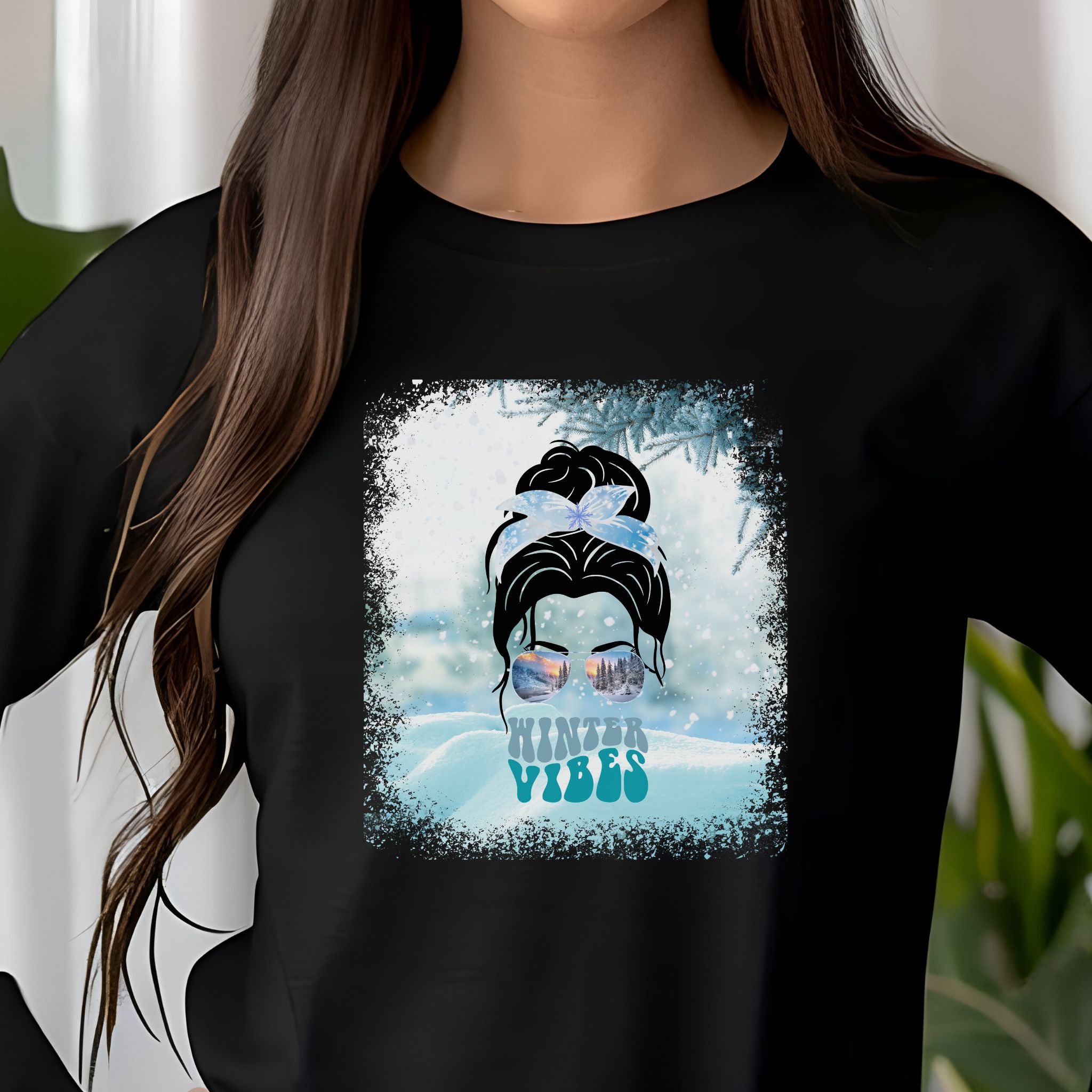 Winter Vibes Snow, Dark Hair Messy Bun, Unisex Jersey Long Sleeve Tee