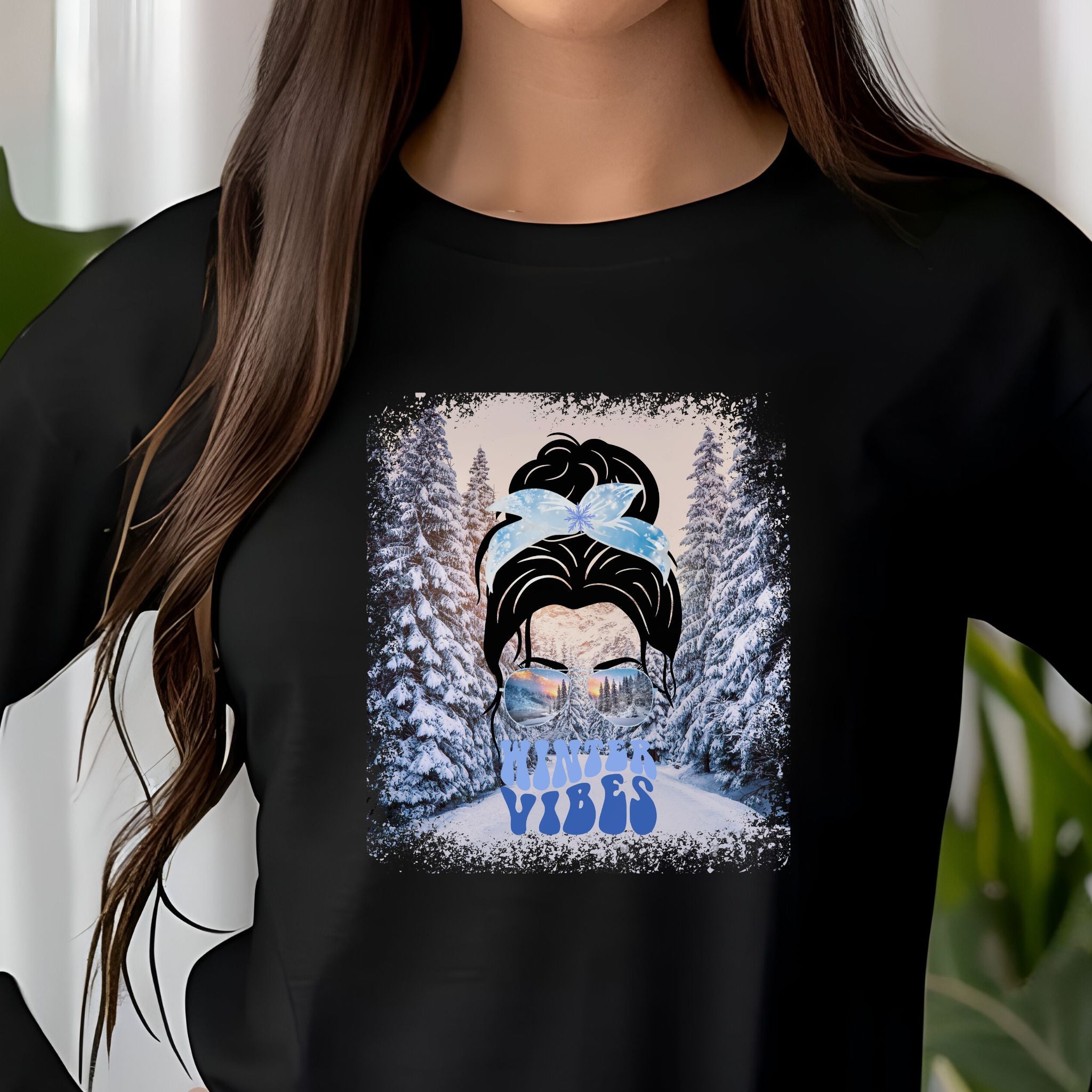 Winter Vibes Winter Trail, Dark Hair Messy Bun, Unisex Jersey Long Sleeve Tee