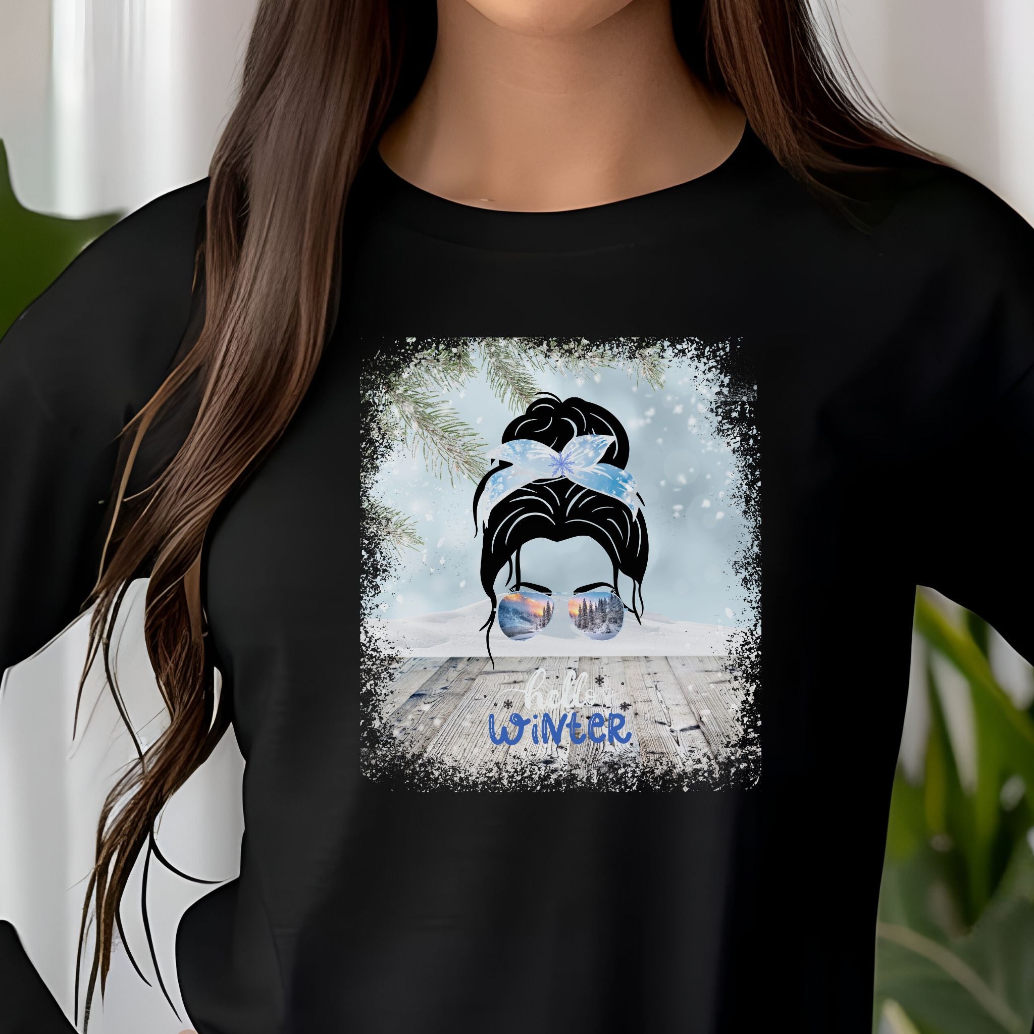 Hello Winter, Winter Snowy Porch, Dark Hair Messy Bun, Unisex Jersey Long Sleeve Tee