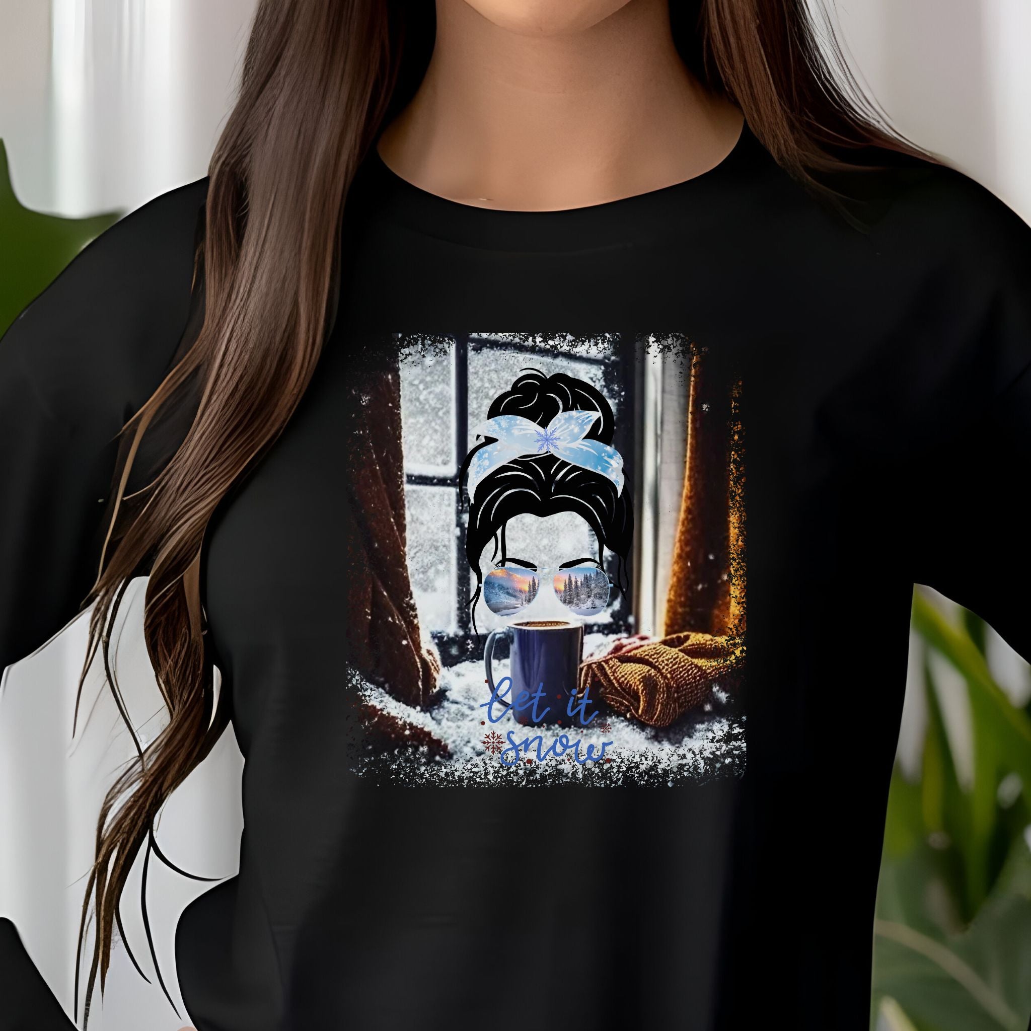 Let it Snow Winter Home, Dark Hair Messy Bun, Unisex Jersey Long Sleeve Tee