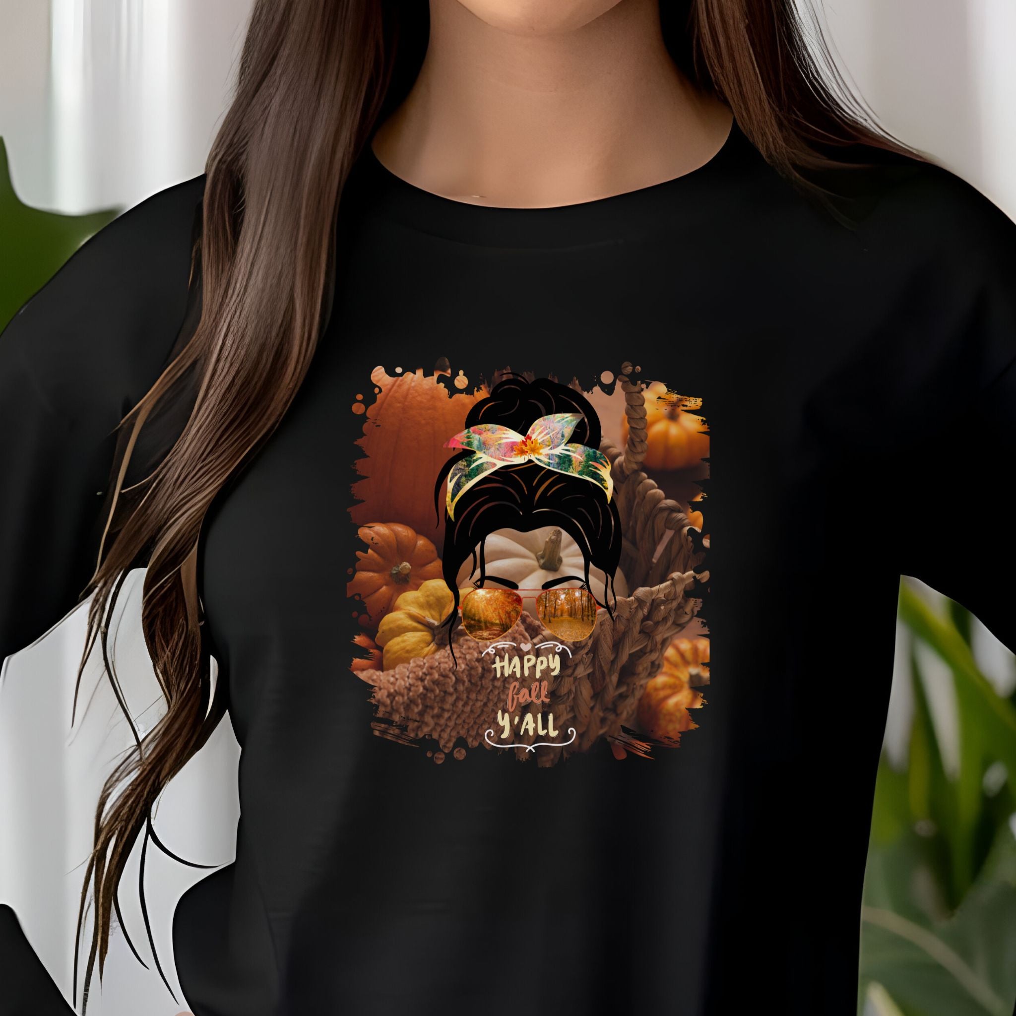 Happy Fall Y'all Fall Pumpkins, Dark Hair Messy Bun, Unisex Jersey Long Sleeve Tee