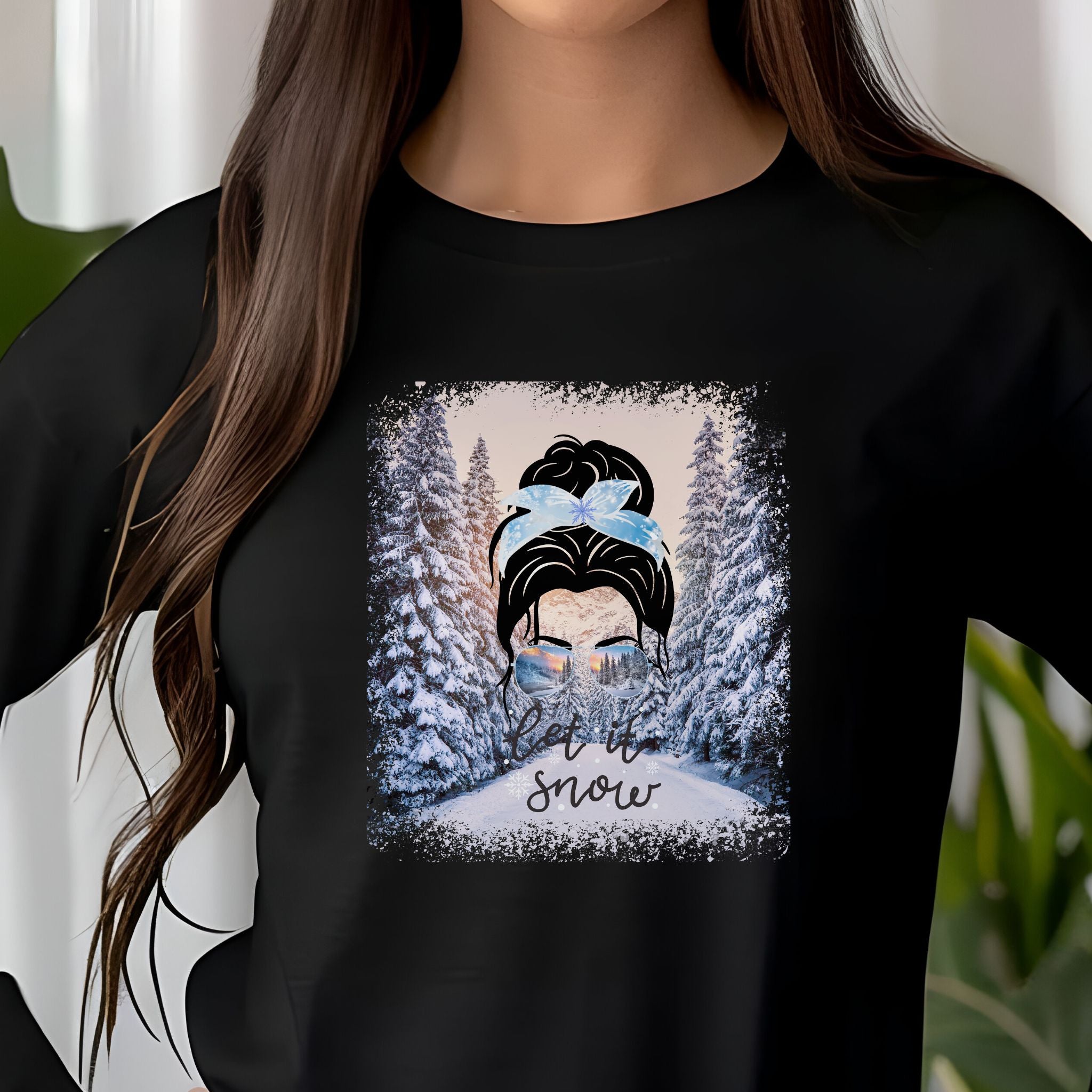 Let it Snow Winter Trail, Dark Hair Messy Bun, Unisex Jersey Long Sleeve Tee