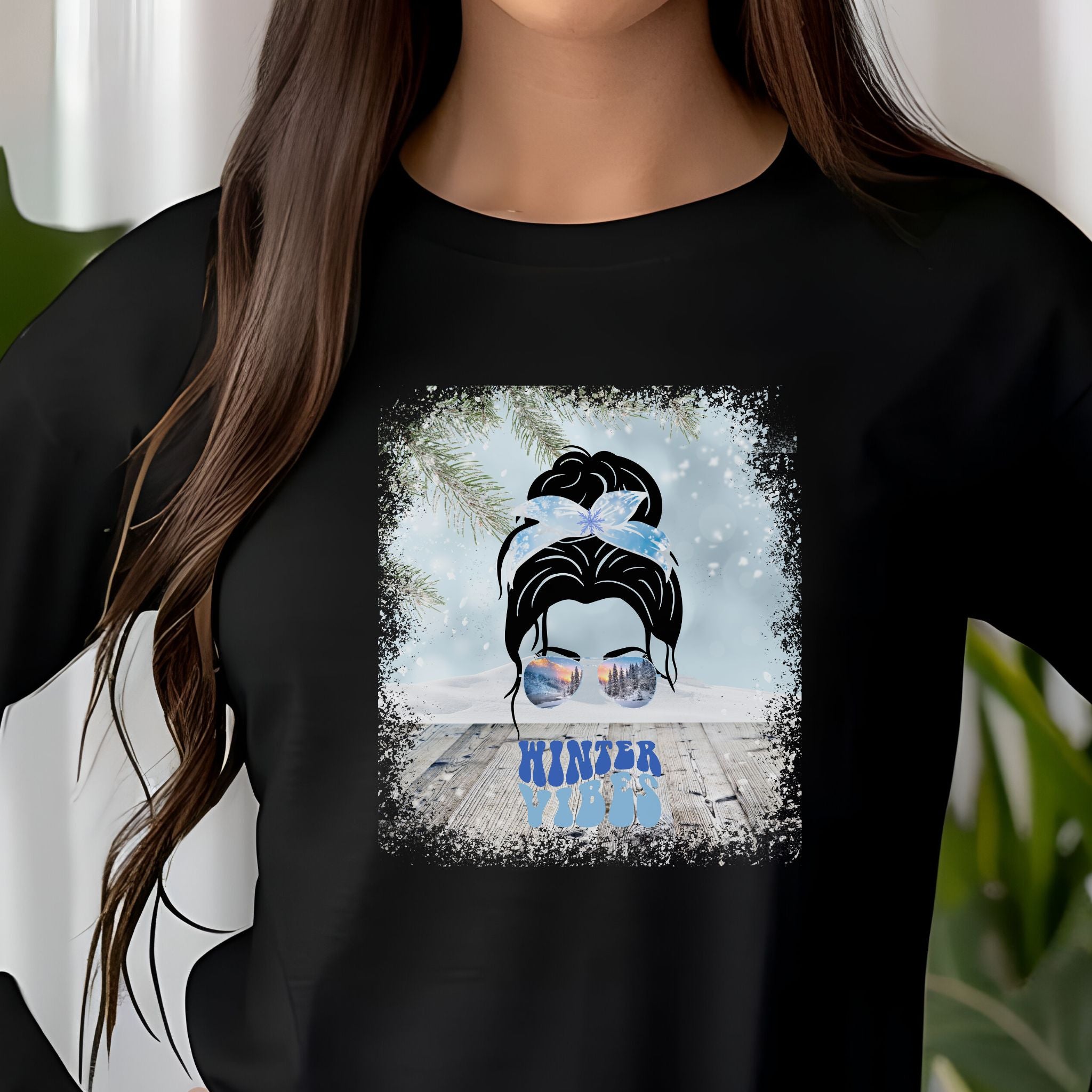 Winter Vibes Winter Snowy Porch, Dark Hair Messy Bun, Unisex Jersey Long Sleeve Tee