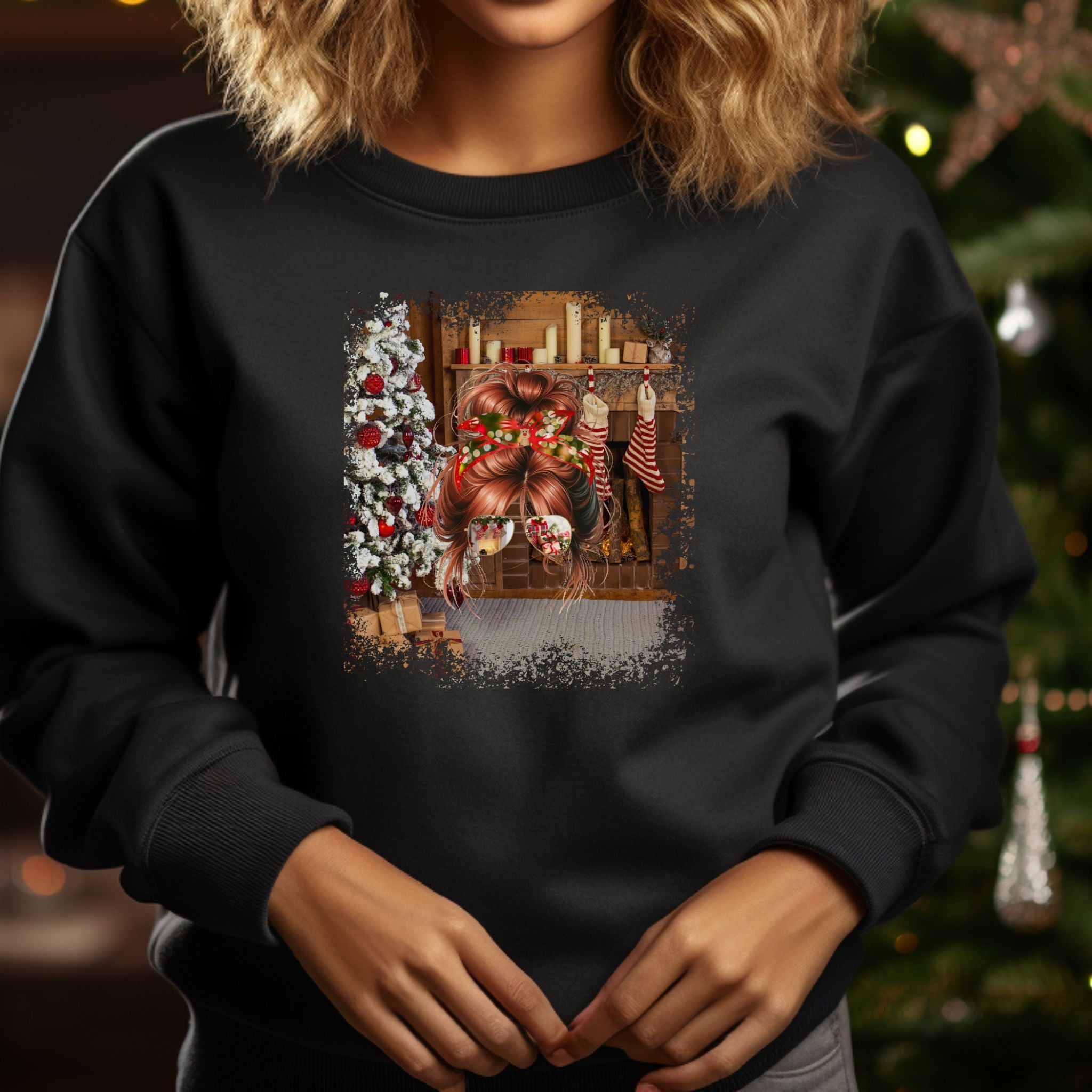 Christmas Home, Red Hair Messy Bun, Unisex Heavy Blend™ Crewneck Sweatshirt