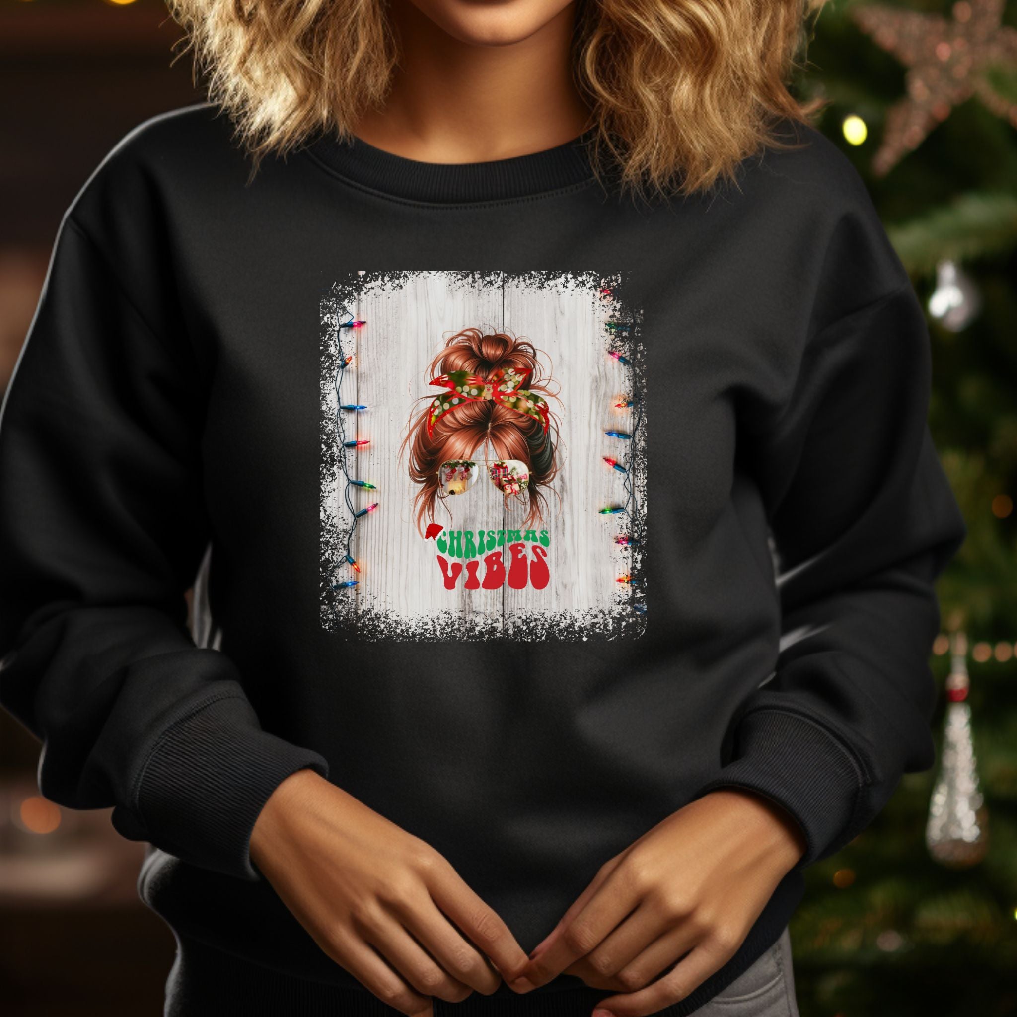 Christmas Vibes Christmas String Lights, Red Hair Messy Bun, Unisex Heavy Blend™ Crewneck Sweatshirt