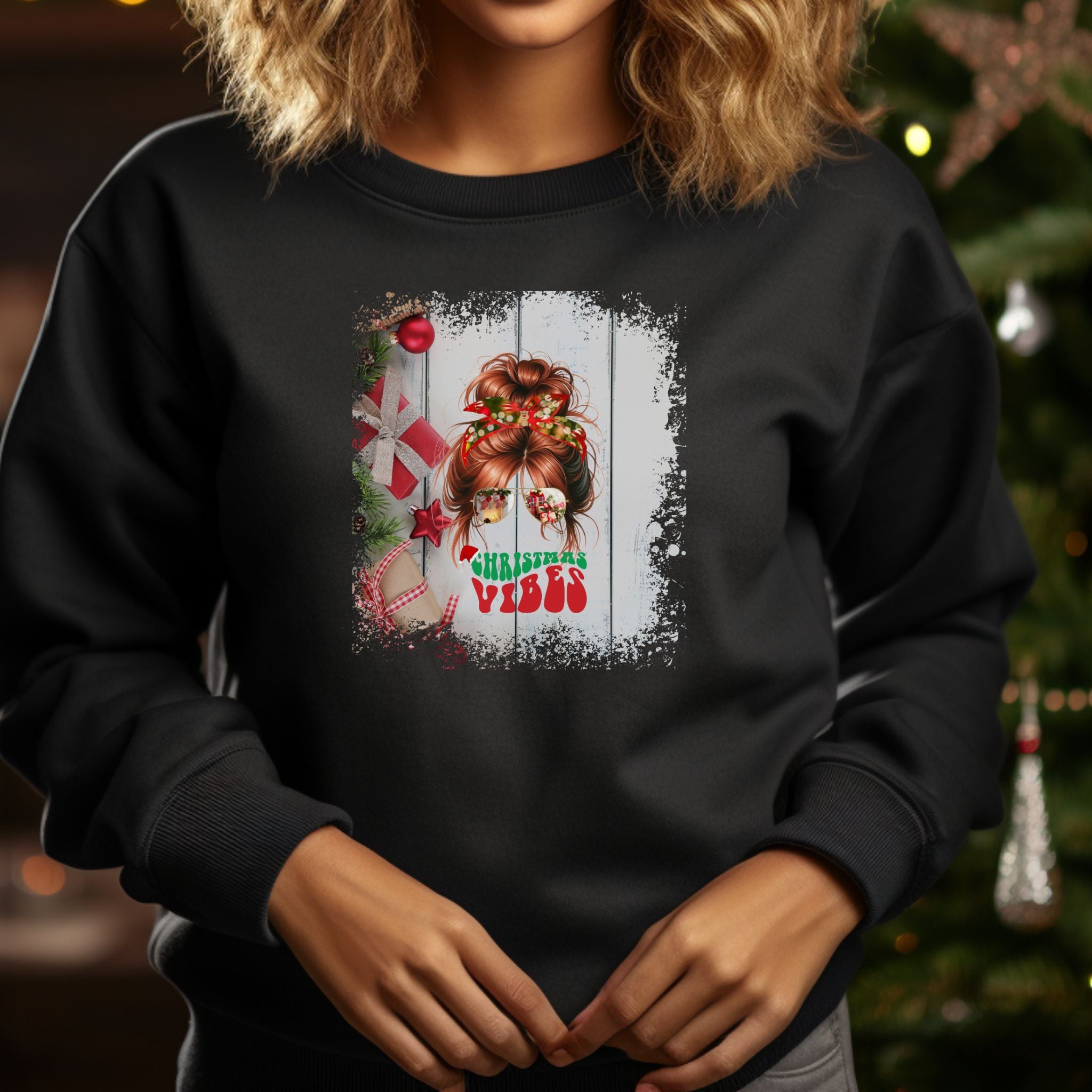 Christmas Vibes Christmas Presents, Red Hair Messy Bun, Unisex Heavy Blend™ Crewneck Sweatshirt