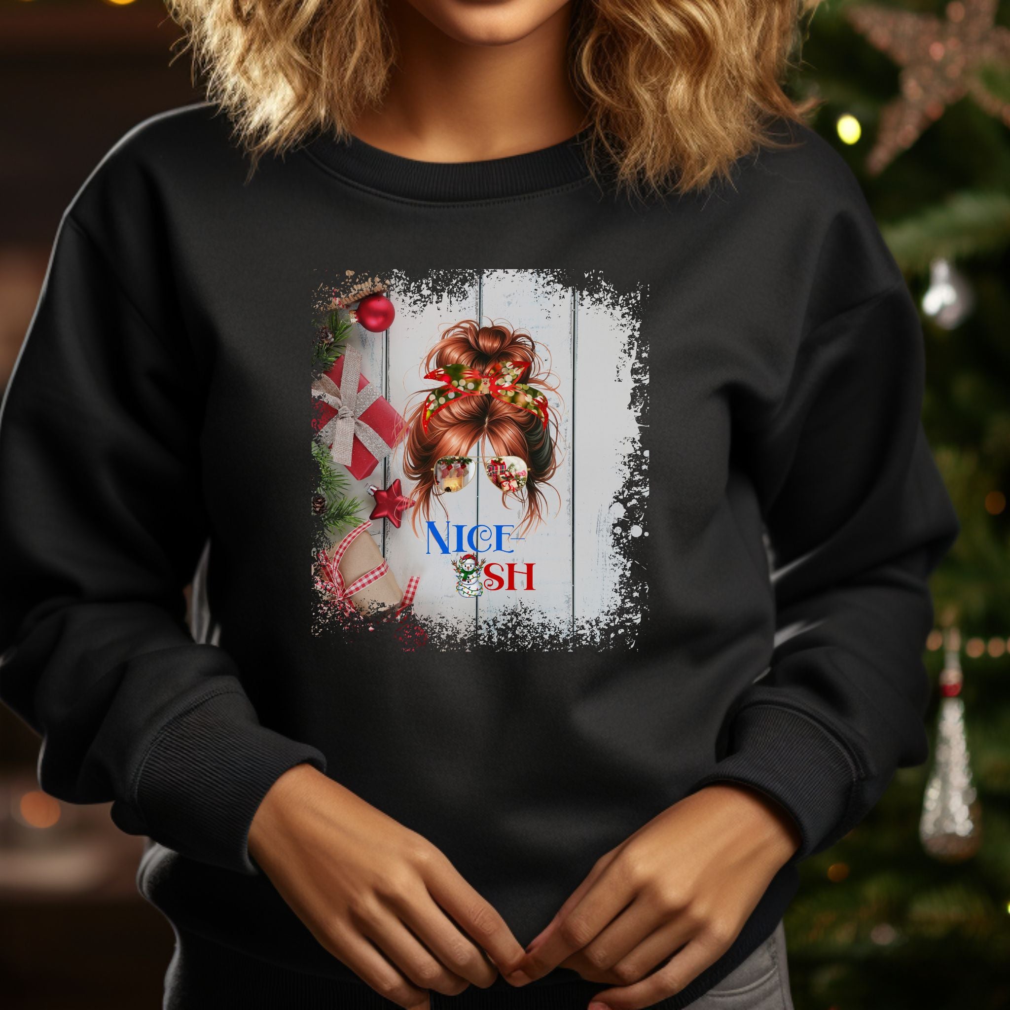 Nice-ish Christmas Presents, Red Hair Messy Bun, Unisex Heavy Blend™ Crewneck Sweatshirt