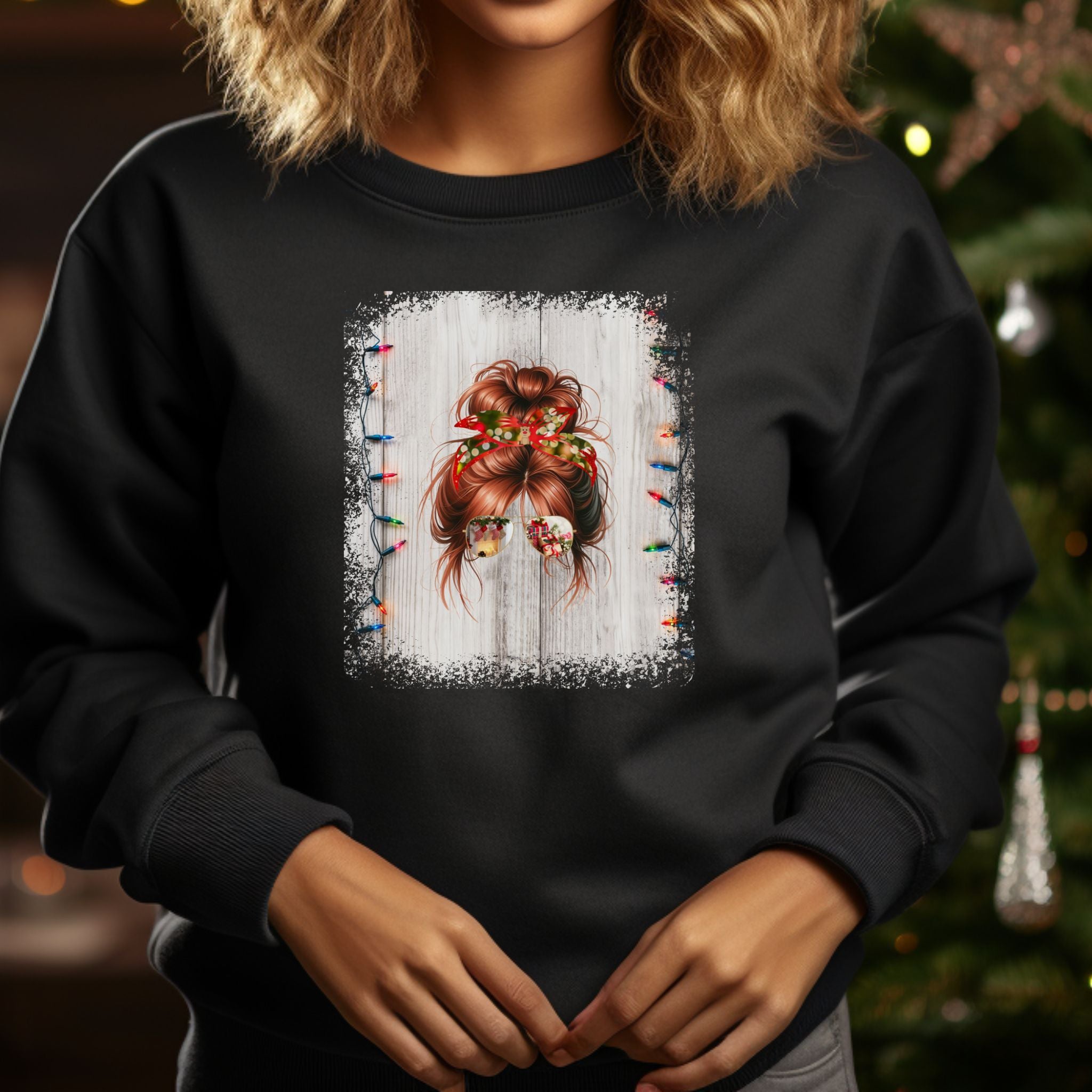 Christmas String Lights, Red Hair Messy Bun, Unisex Heavy Blend™ Crewneck Sweatshirt