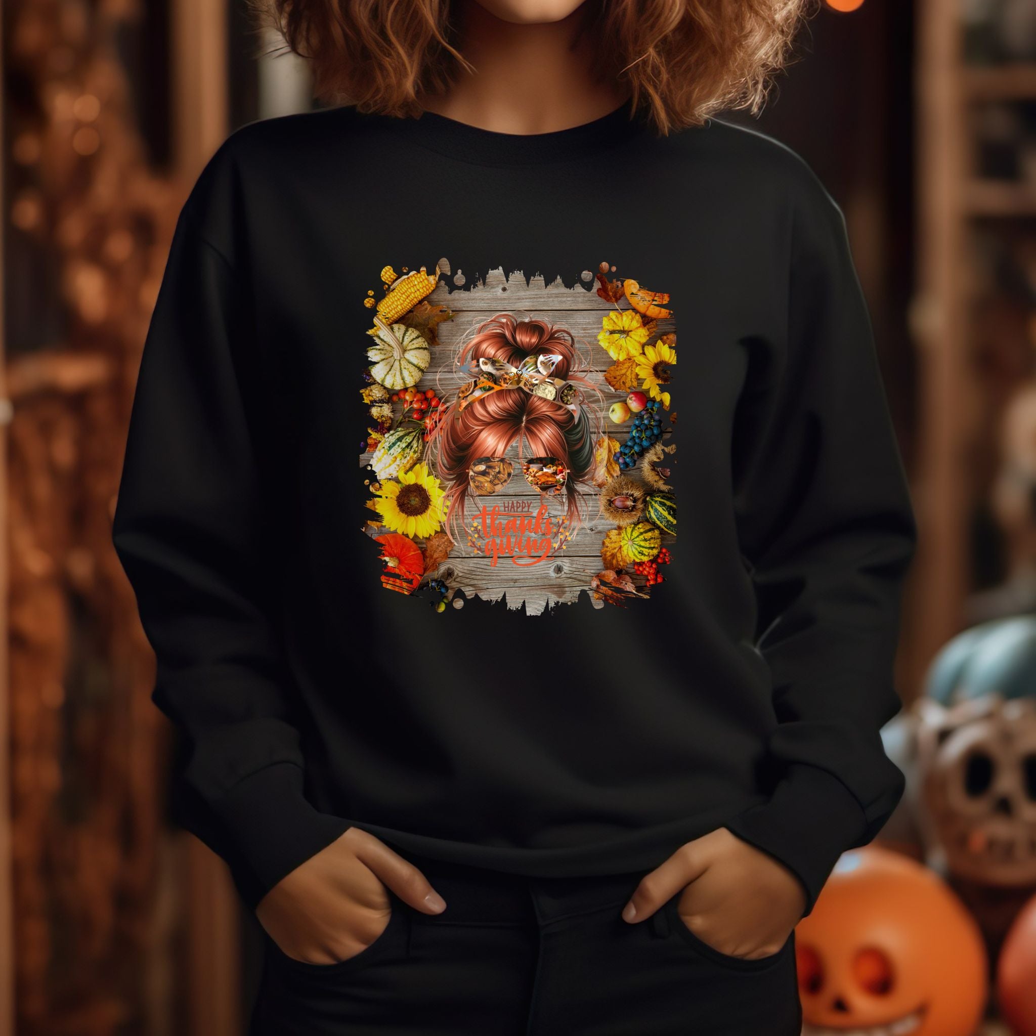 Happy Thanksgiving Decorated Background, Red Hair Messy Bun, Unisex Heavy Blend™ Crewneck Sweatshirt