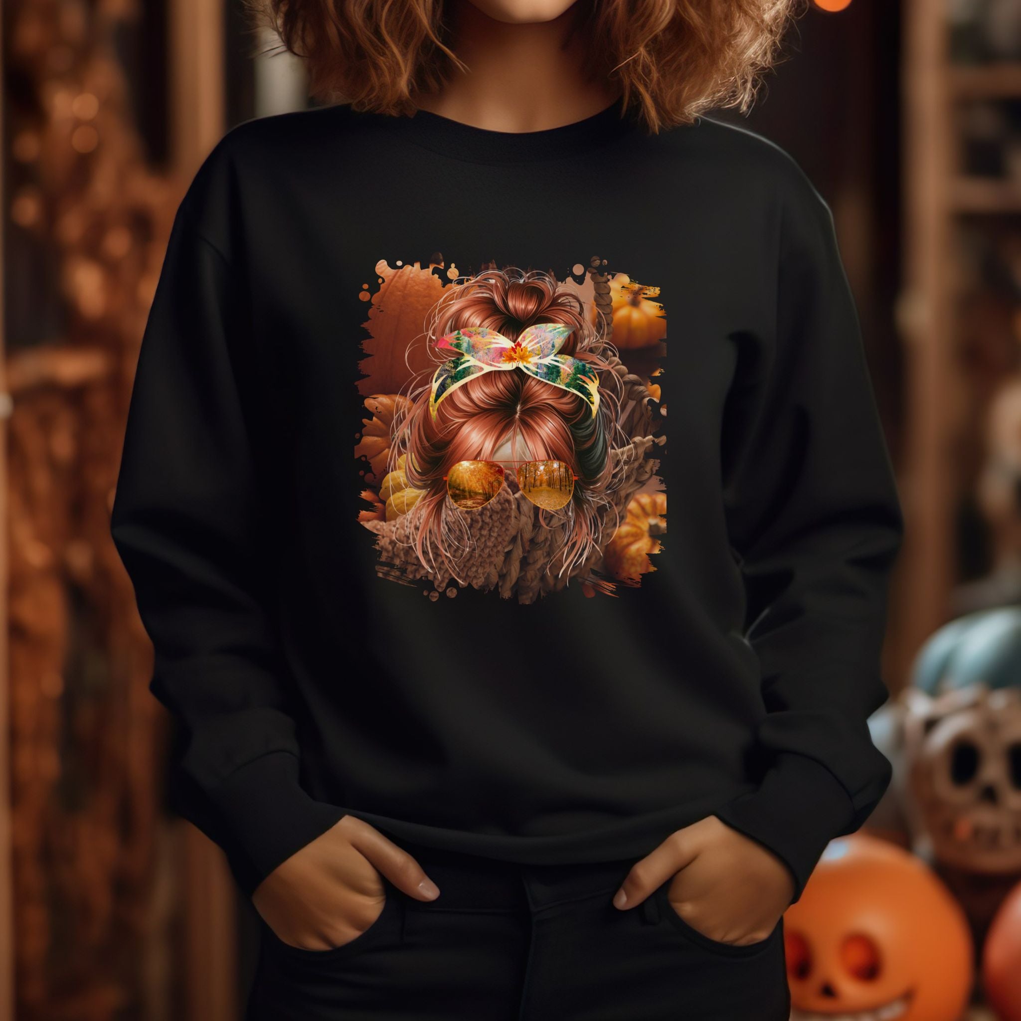 Fall Pumpkins, Red Hair Messy Bun, Unisex Heavy Blend™ Crewneck Sweatshirt