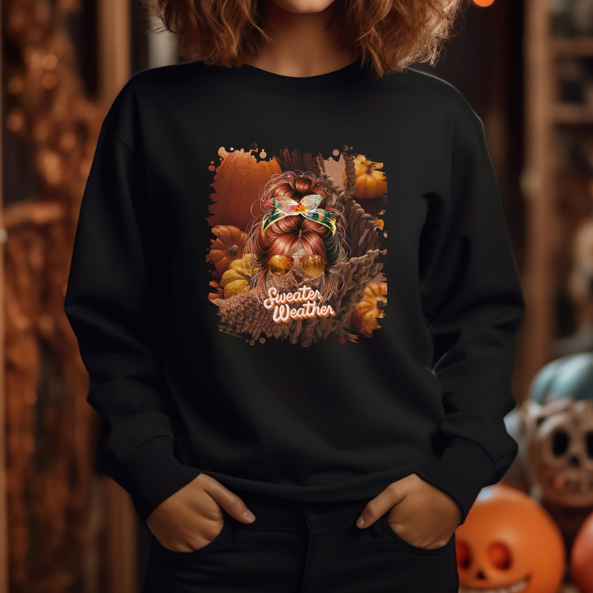 Sweater Weather Fall Pumpkins, Red Hair Messy Bun, Unisex Heavy Blend™ Crewneck Sweatshirt