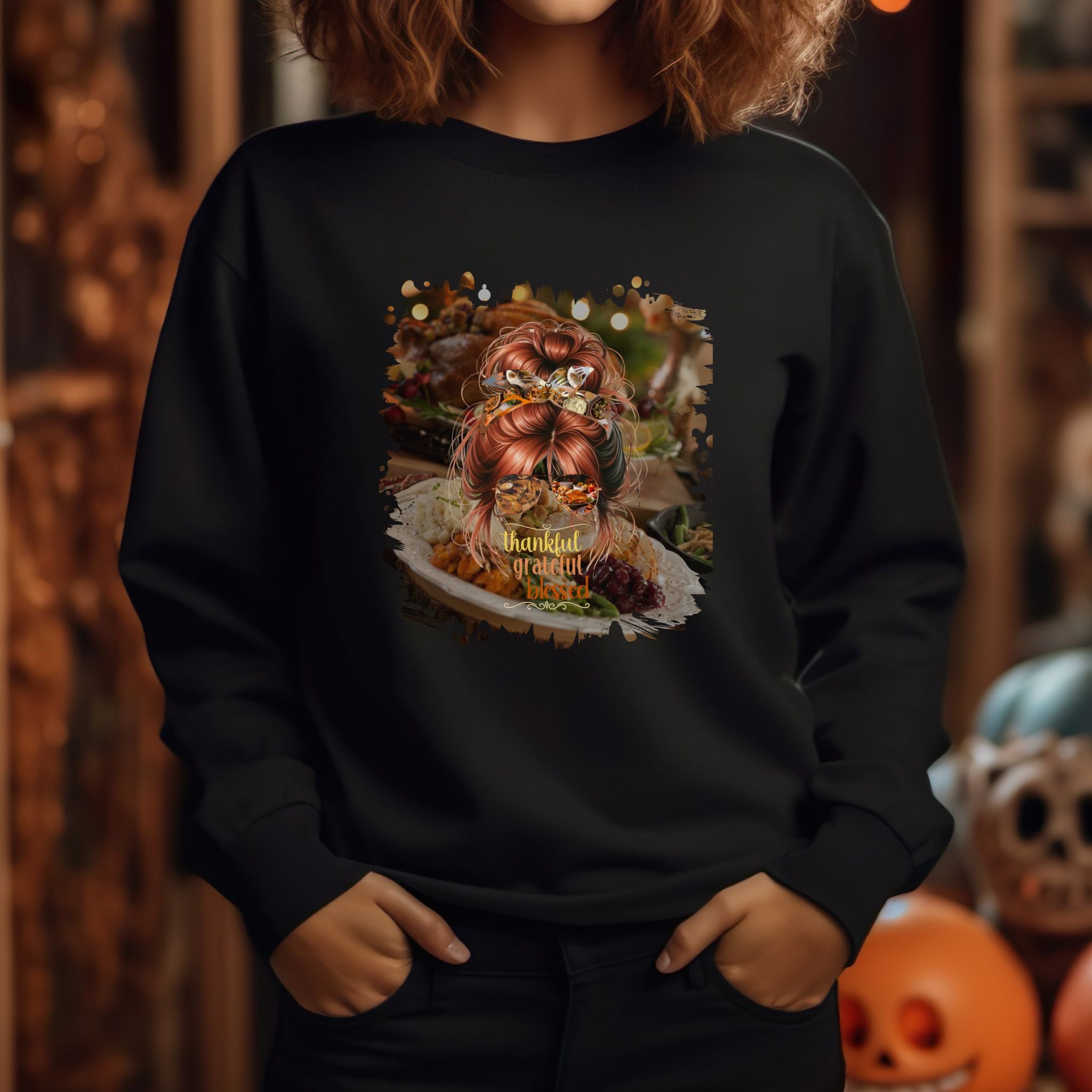 Thankful Grateful Blessed Thanksgiving Dinner, Red Hair Messy Bun, Unisex Heavy Blend™ Crewneck Sweatshirt