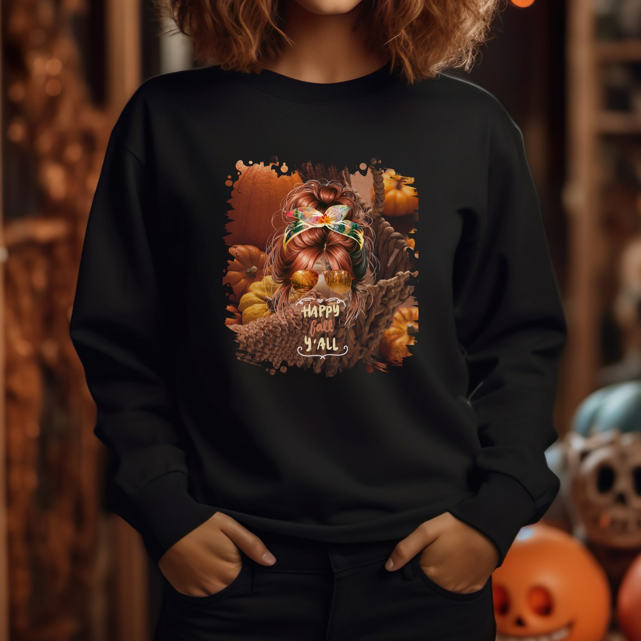 Happy Fall Y'all Fall Pumpkins, Red Hair Messy Bun, Unisex Heavy Blend™ Crewneck Sweatshirt