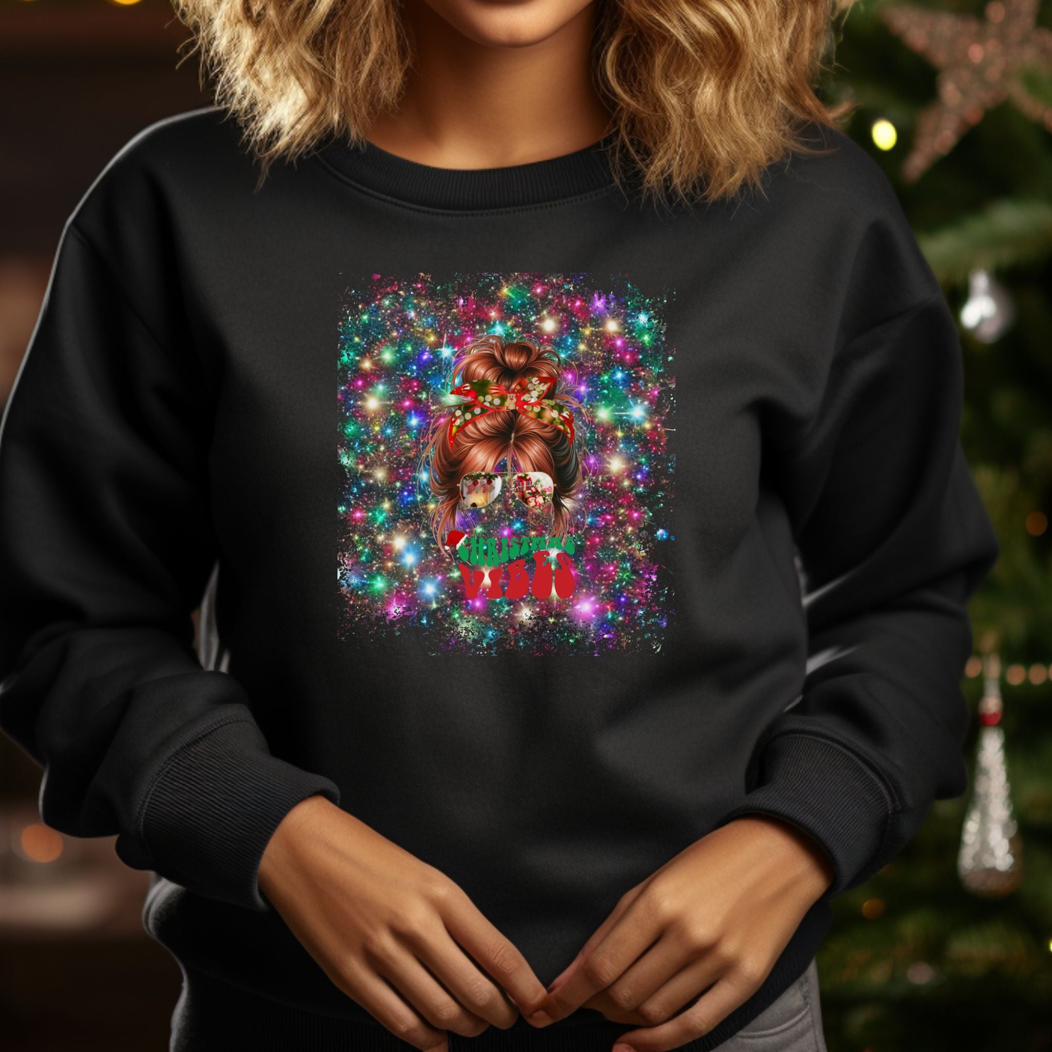 Christmas Vibes Christmas Lights, Red Hair Messy Bun, Unisex Heavy Blend™ Crewneck Sweatshirt