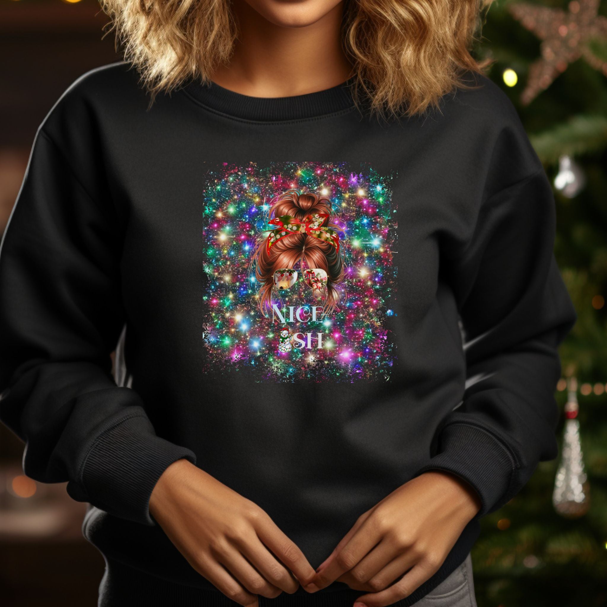 Nice-ish Christmas Lights, Red Hair Messy Bun, Unisex Heavy Blend™ Crewneck Sweatshirt