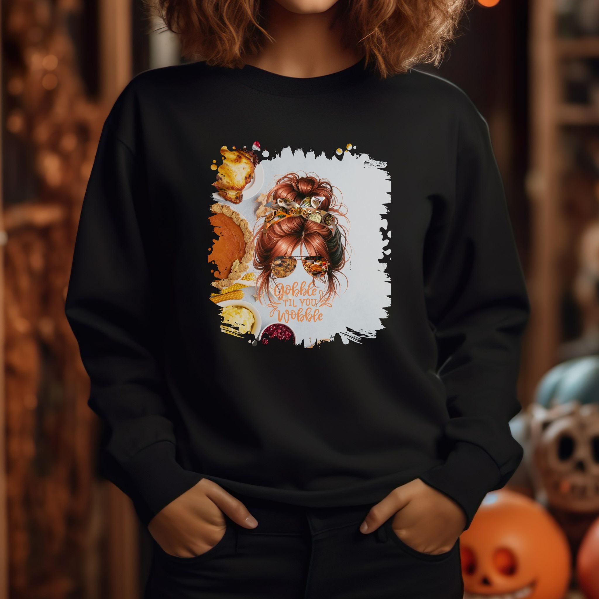 Gobble til You Wobble Thanksgiving Pie, Red Hair Messy Bun, Unisex Heavy Blend™ Crewneck Sweatshirt