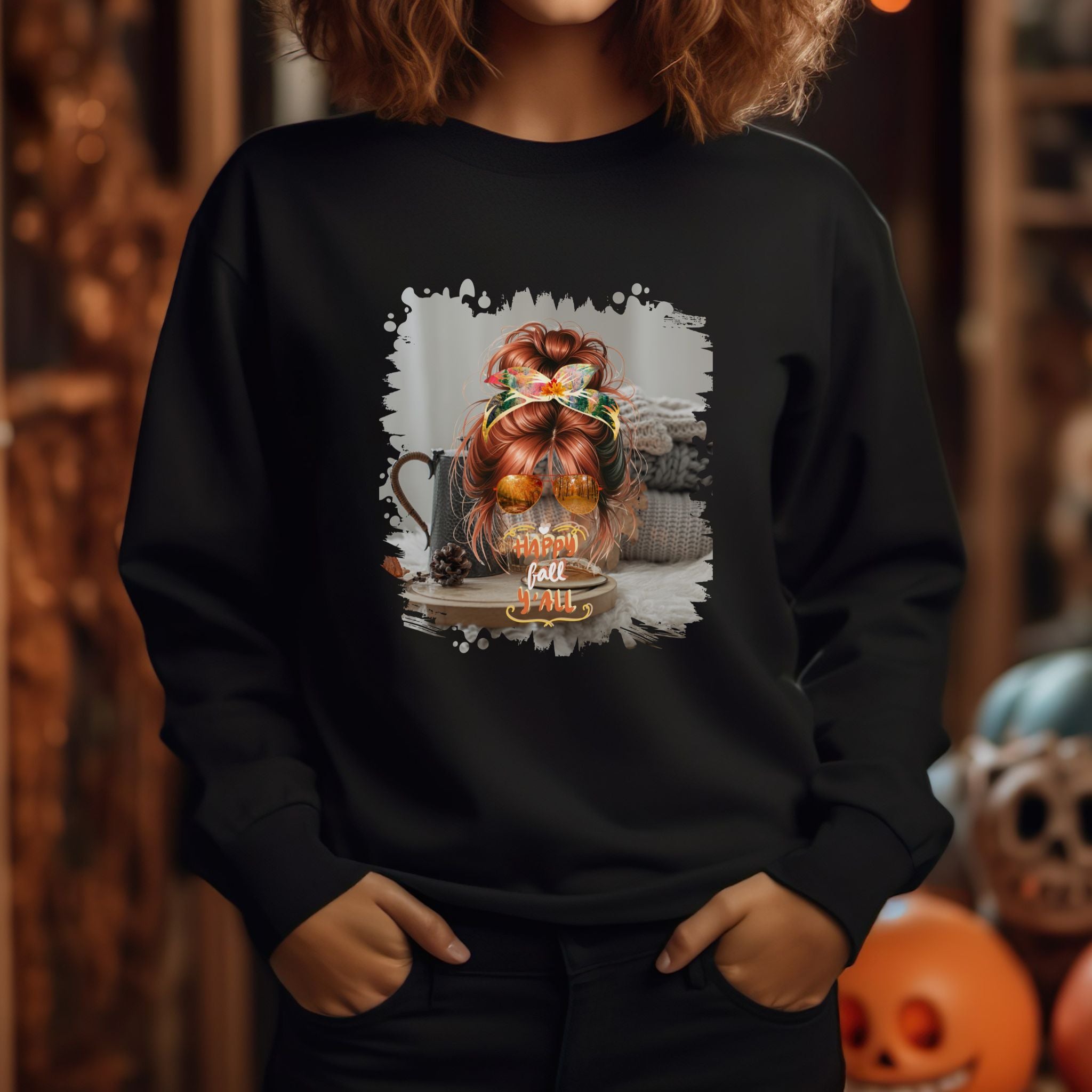 Happy Fall Y'all Fall Sweater, Red Hair Messy Bun, Unisex Heavy Blend™ Crewneck Sweatshirt