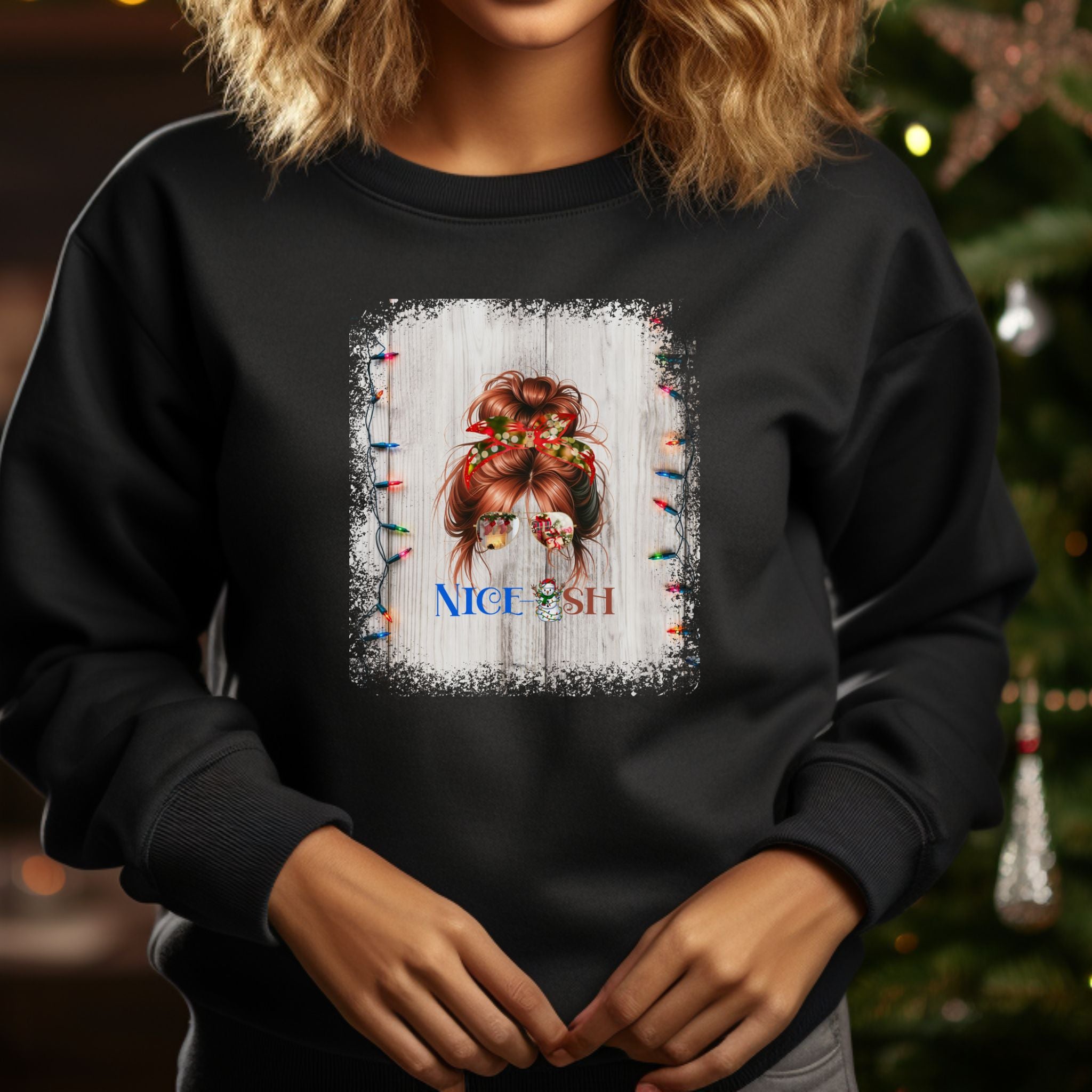 Nice-ish Christmas String Lights, Red Hair Messy Bun, Unisex Heavy Blend™ Crewneck Sweatshirt