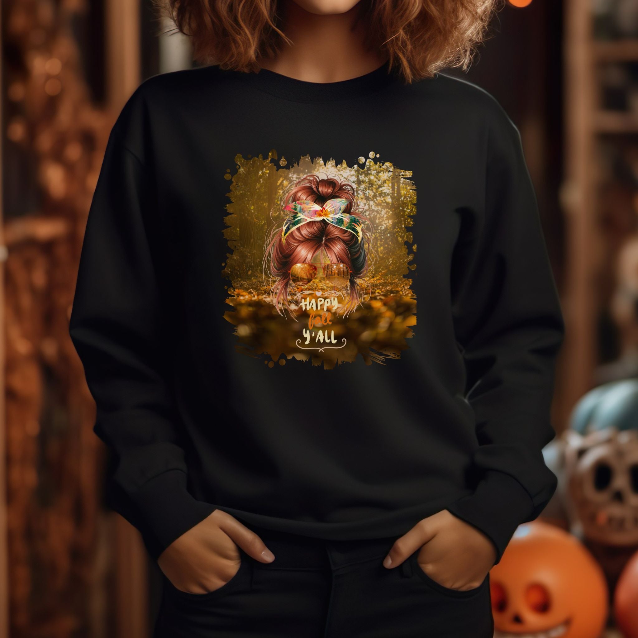 Happy Fall Y'all Fall Forest,  Red Hair Messy Bun, Unisex Heavy Blend™ Crewneck Sweatshirt